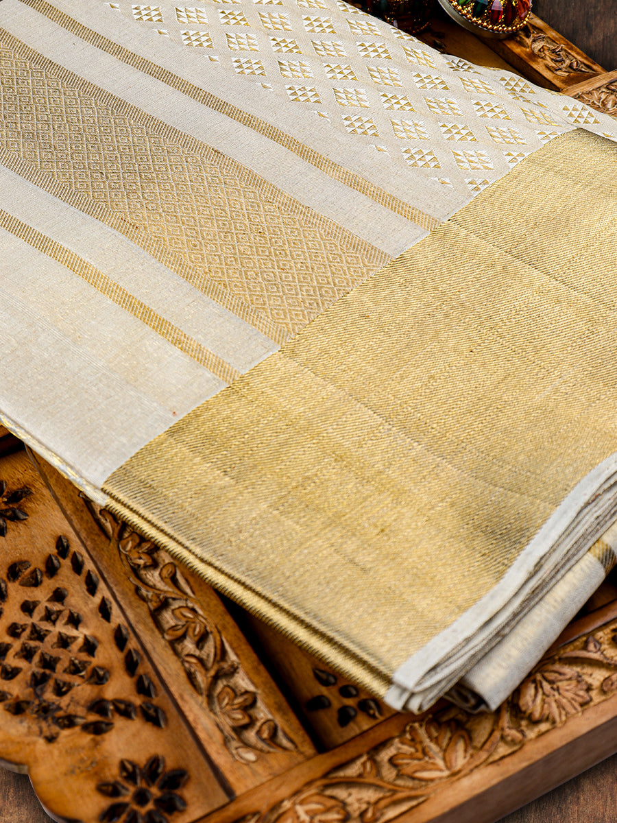 Premium Pure Silk Cream Diamond Design Tissue Jaquard Dhoti With Angavastram 4" Jari Border Agarshanaa-View four