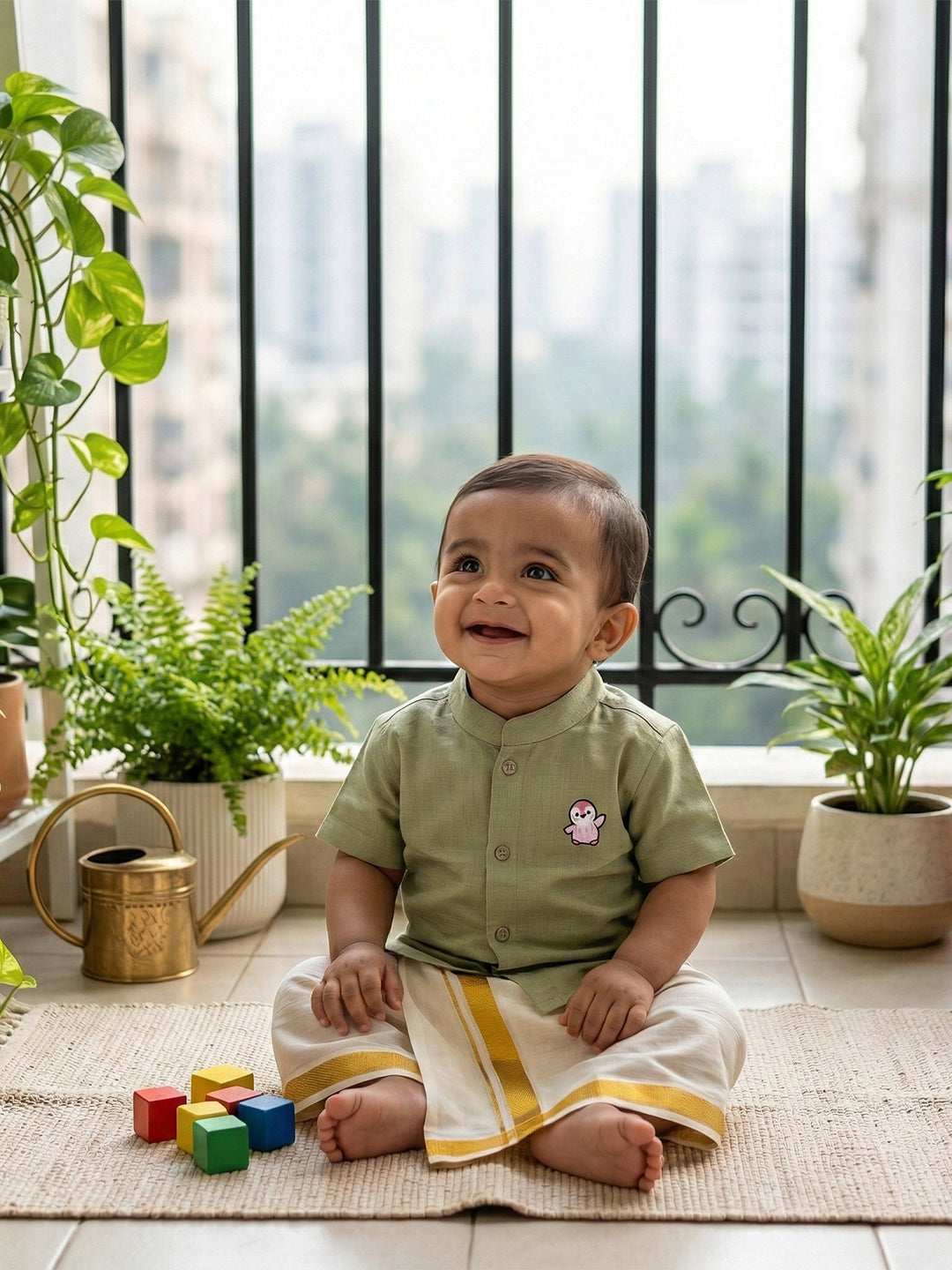 Born Baby Shirt Dhoti and Panchakacham Set Pista Green