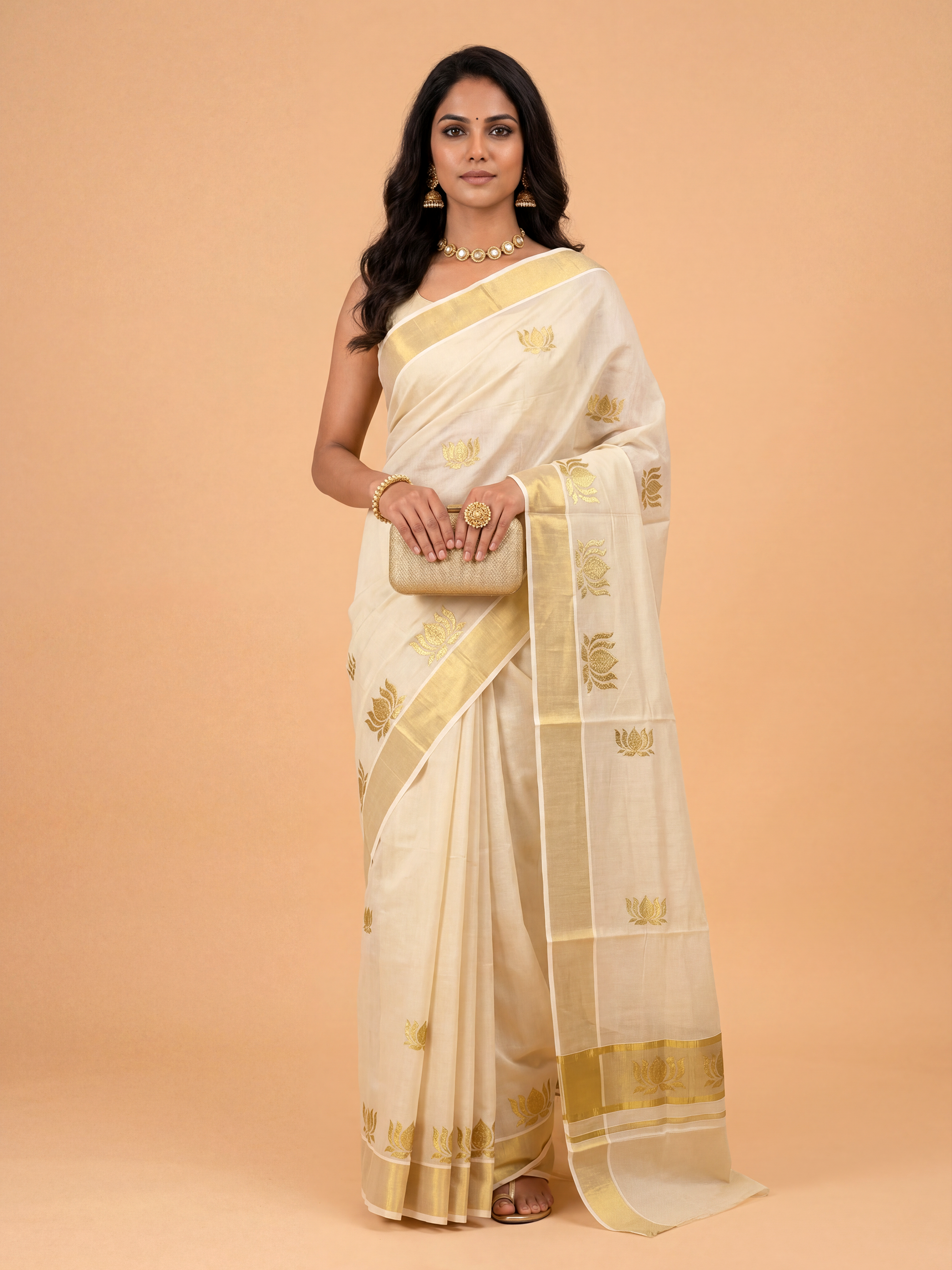 Women Tissue Cream Kerala Saree with Gold Jari KLS20