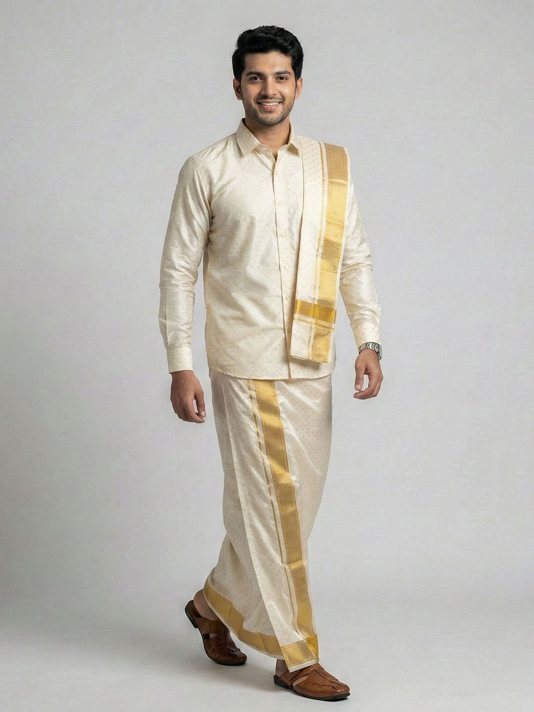 Men Art Silk Self Design Shirt with Readymade Dhoti & Towel Set Cream CRJD5