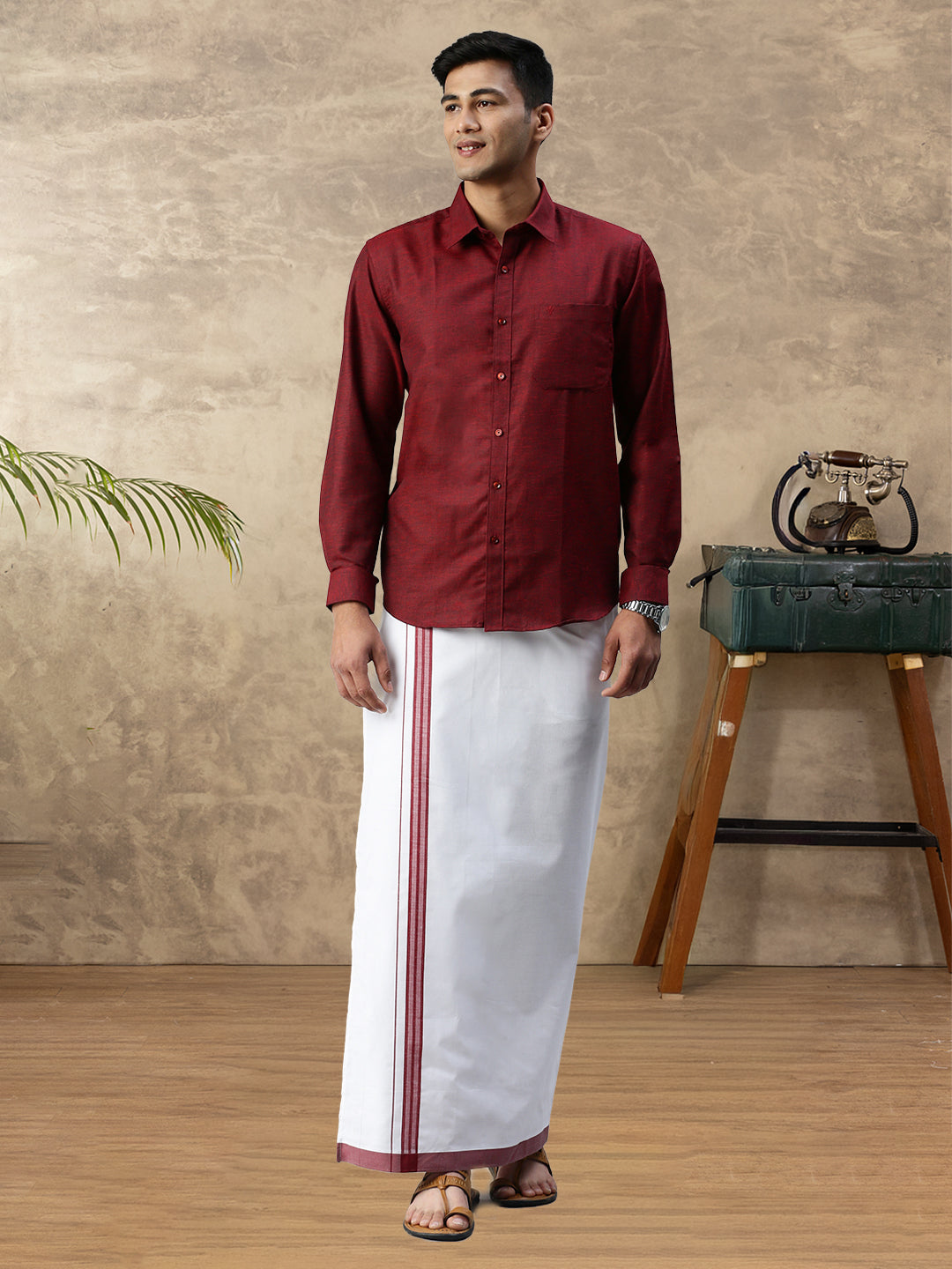 Mens Vetti Vaaram Matching Border Dhoti & Shirt Combo Maroon