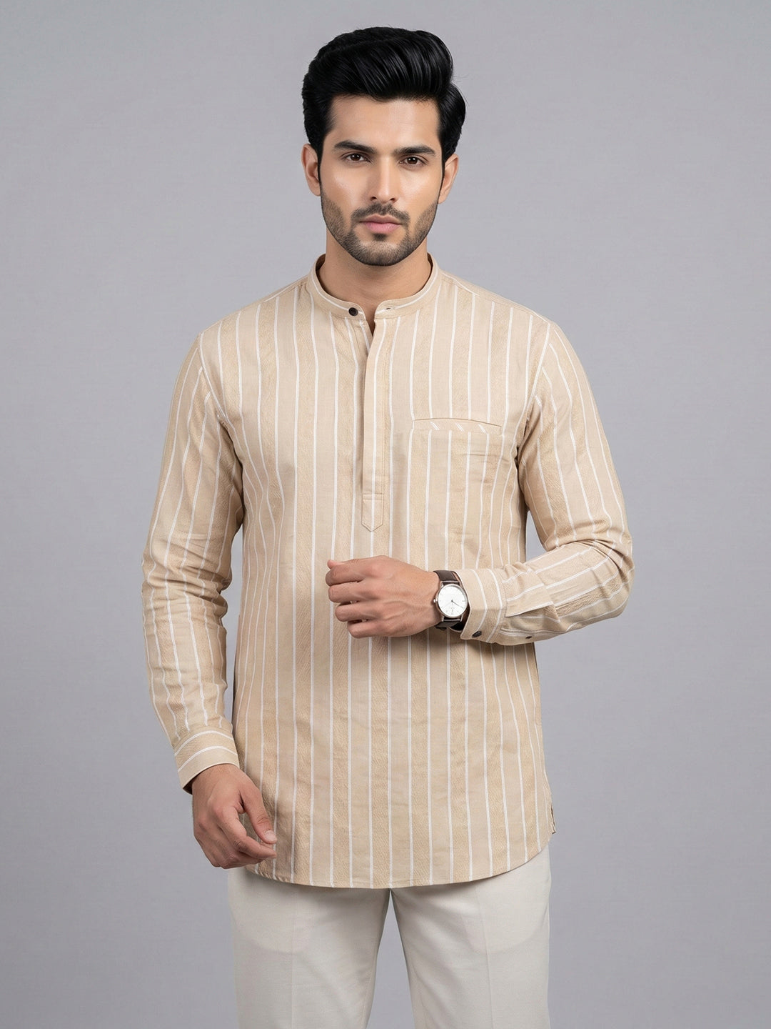 Men Cotton Short Length Striped Pocket Kurta Sand Beige RK53
