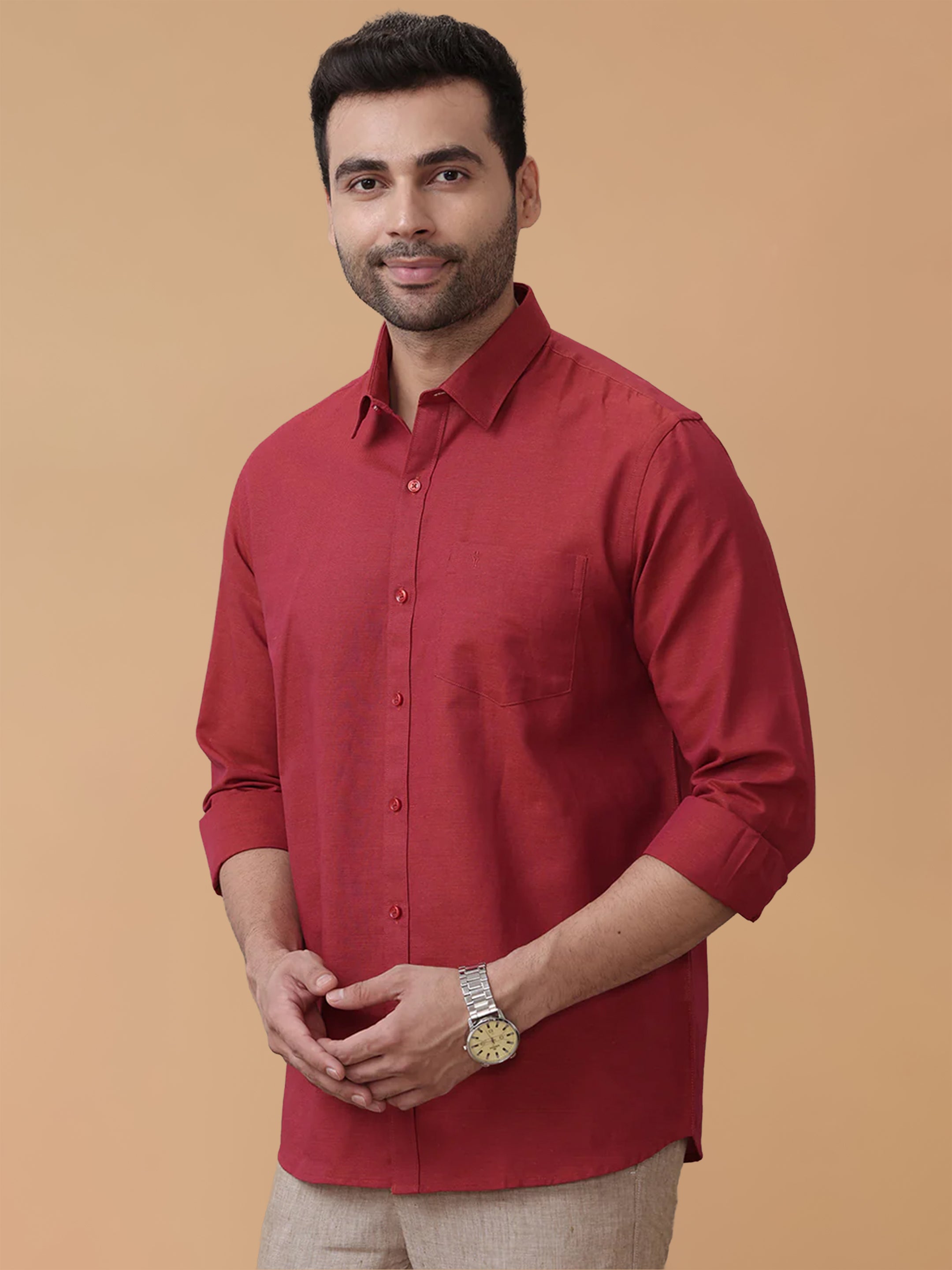 Linen Cotton Brick Red Regular Fit Shirt LF20