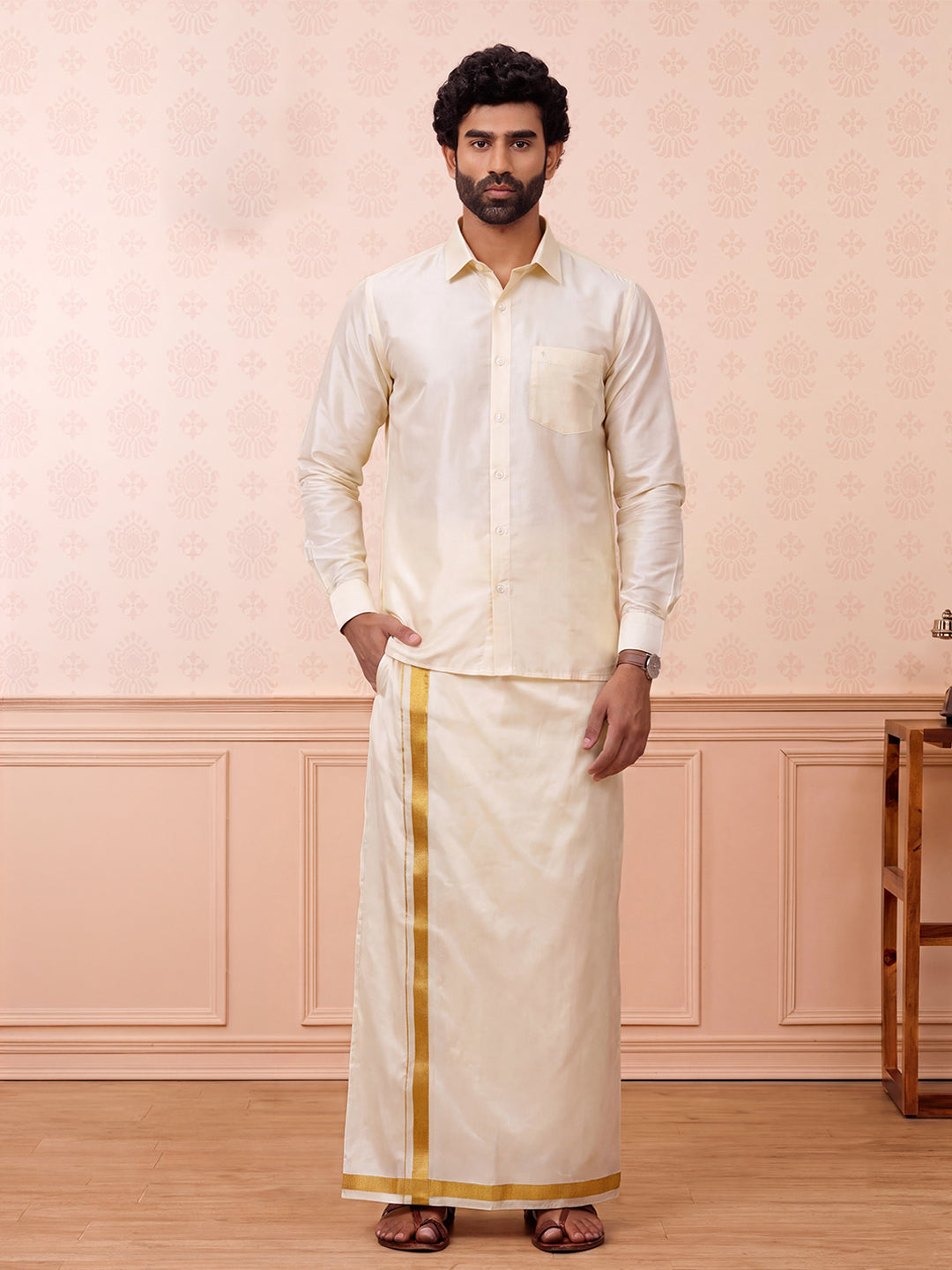 Art Silk Butter Scotch Readymade Dhoti & Shirt Set
