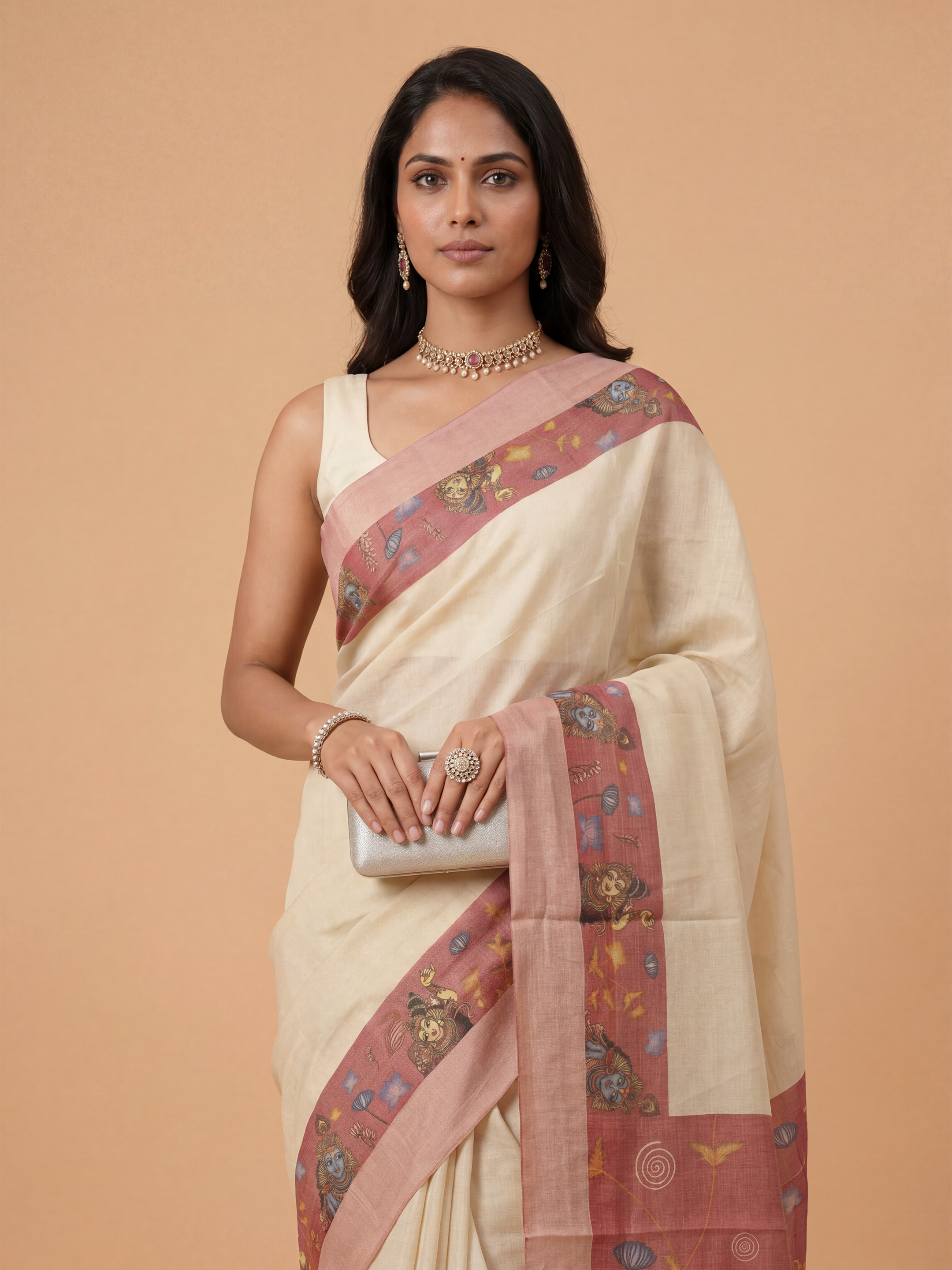 Women Tissue Pink Krishna Printed Kerala Saree KLS21