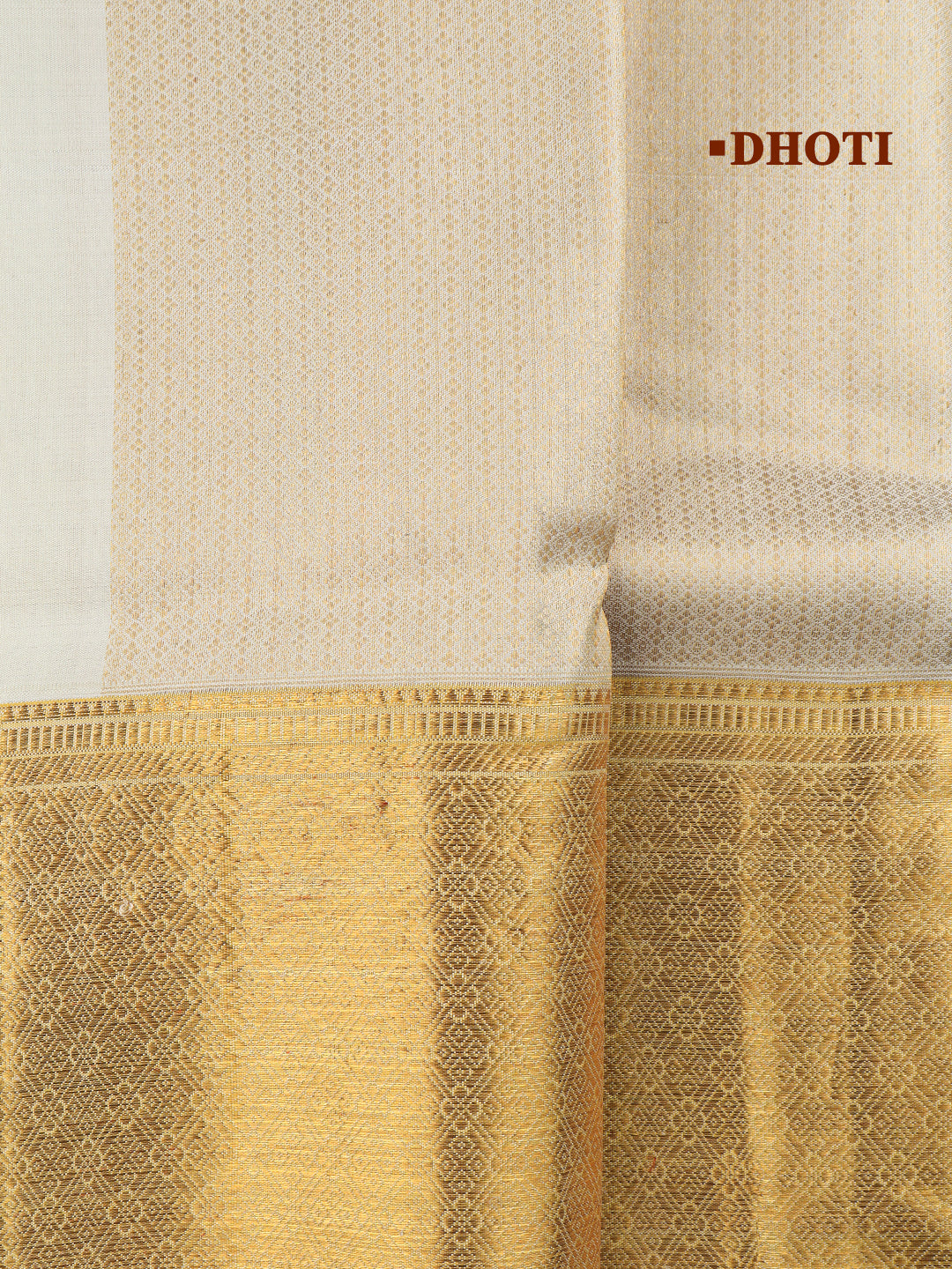 Men Elegant Premium Pure Silk Cream Dhoti & Towel Set with 6" inch Gold Jari Border Amirtham AM16