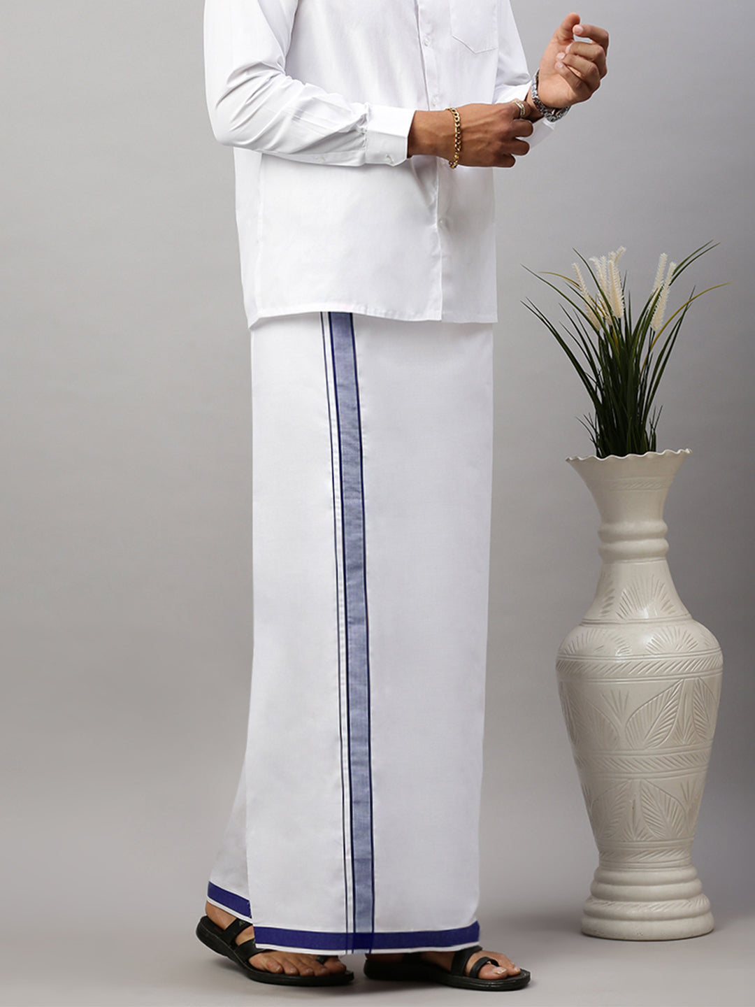 Men Cotton Blend Single Layer White Dhoti with Fancy Border WP26