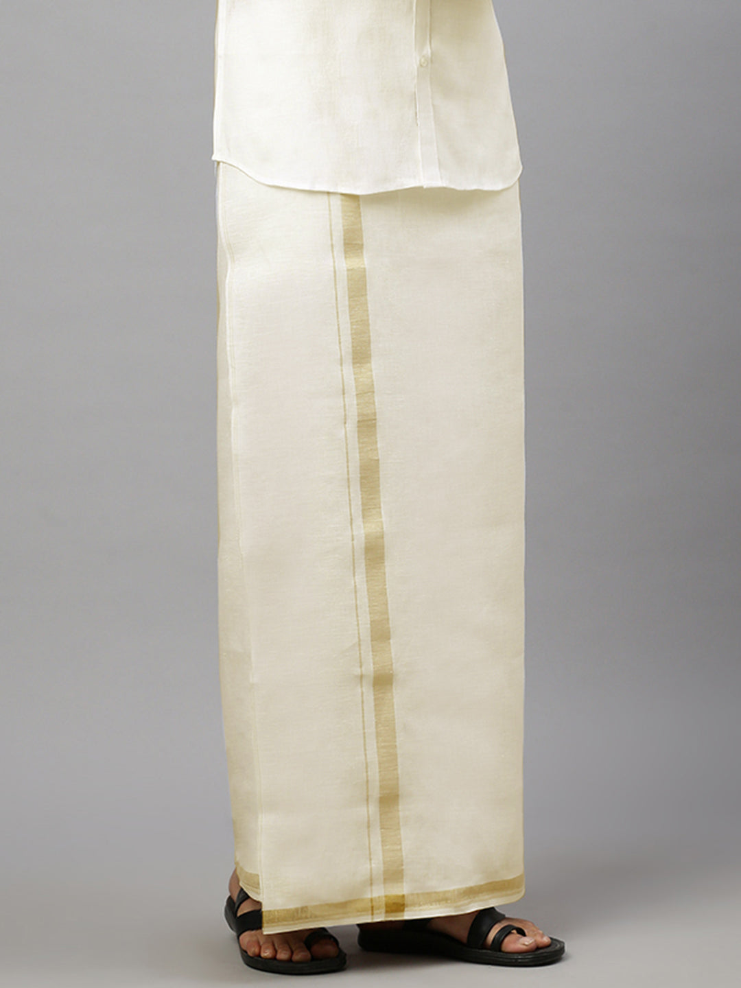 Men Pure Linen Double Layer Cream Dhoti with Gold Jari Border