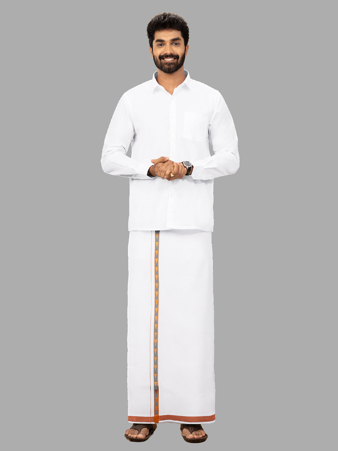 Men Cotton Blend Single Layer White Dhoti with Fancy Jari Border Roxy R07