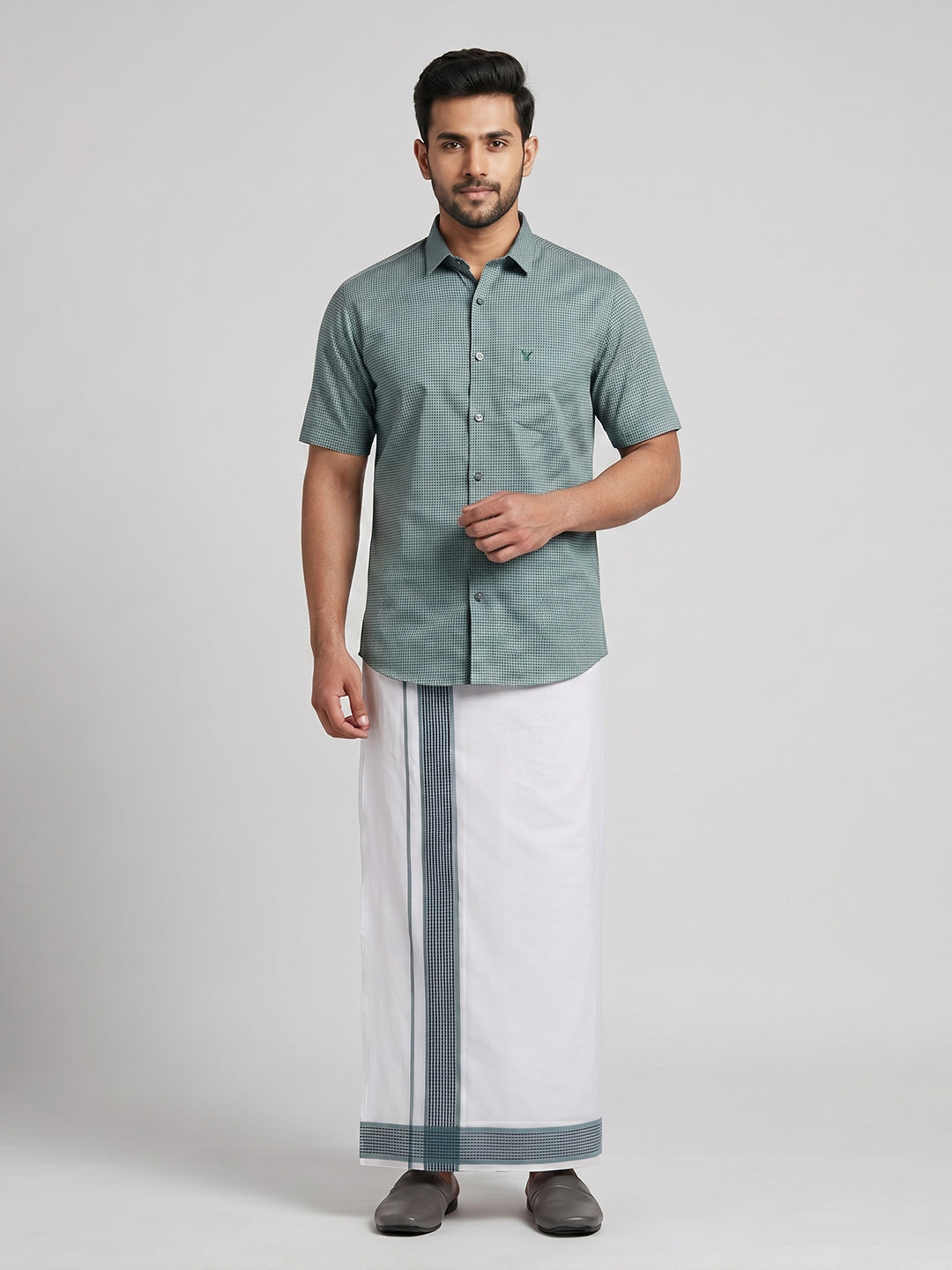 Men Seafoam Green Matching Border Dhoti With Printed Shirt Set Windsor HNJ3
