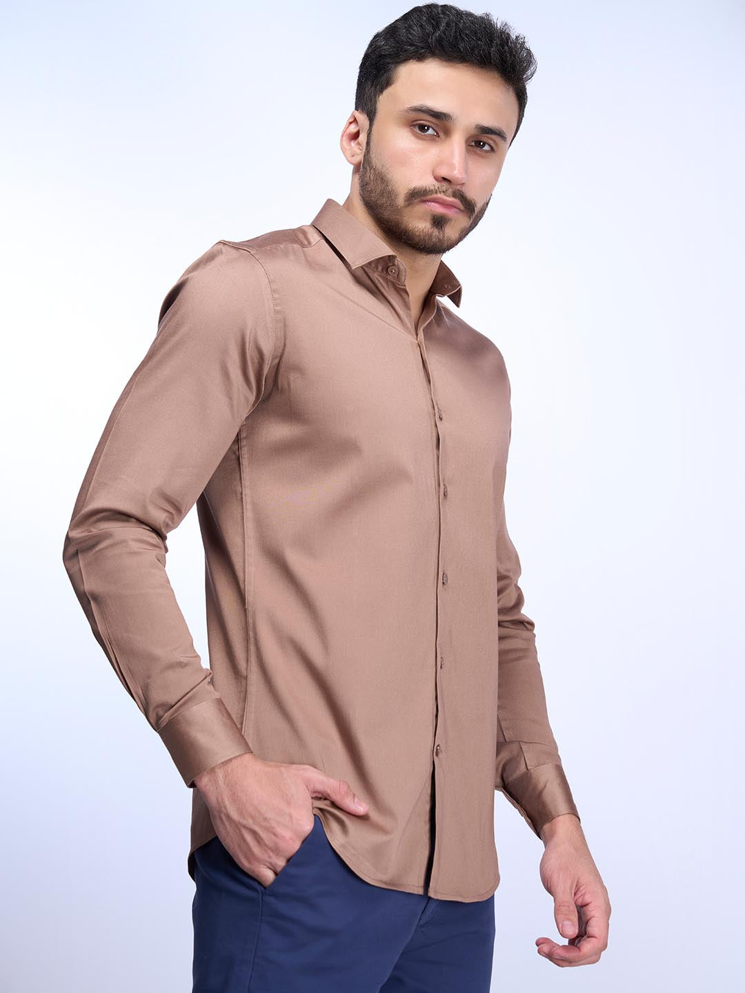 Men Stretch Cotton Shirt Light Brown FS9