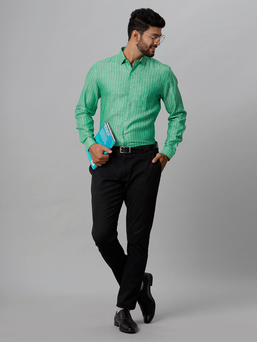 Mens Pure Linen Striped Full Sleeves Green Shirt LS12-Full view