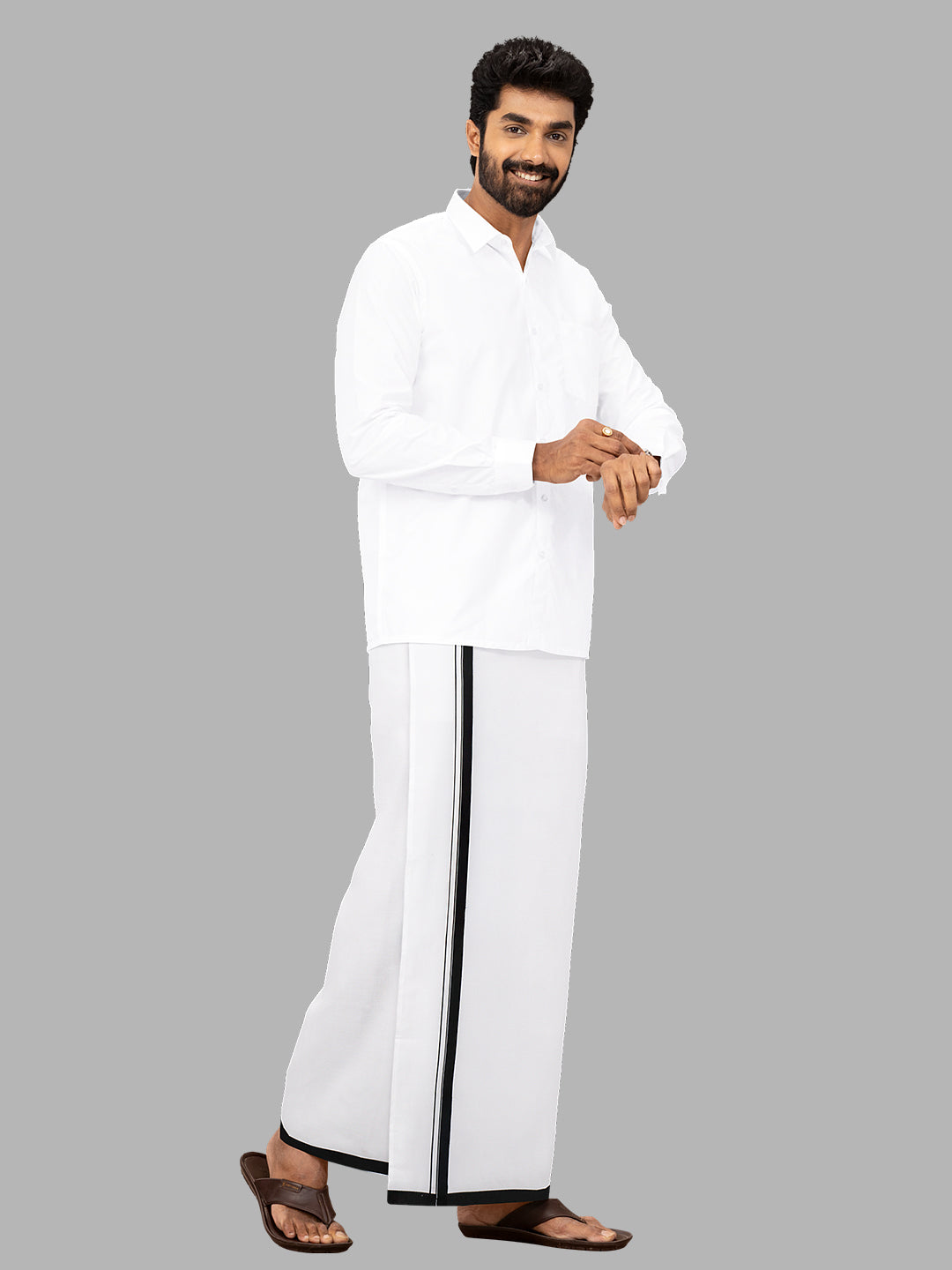 Men 100% Cotton Single Layer White Dhoti with Black Fancy Border Image