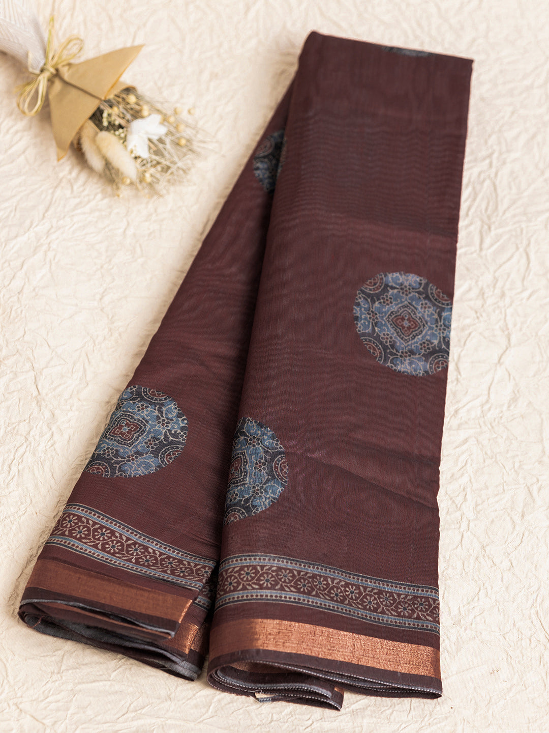 Women Brown Semi Chanderi Cotton Printed Saree SC59