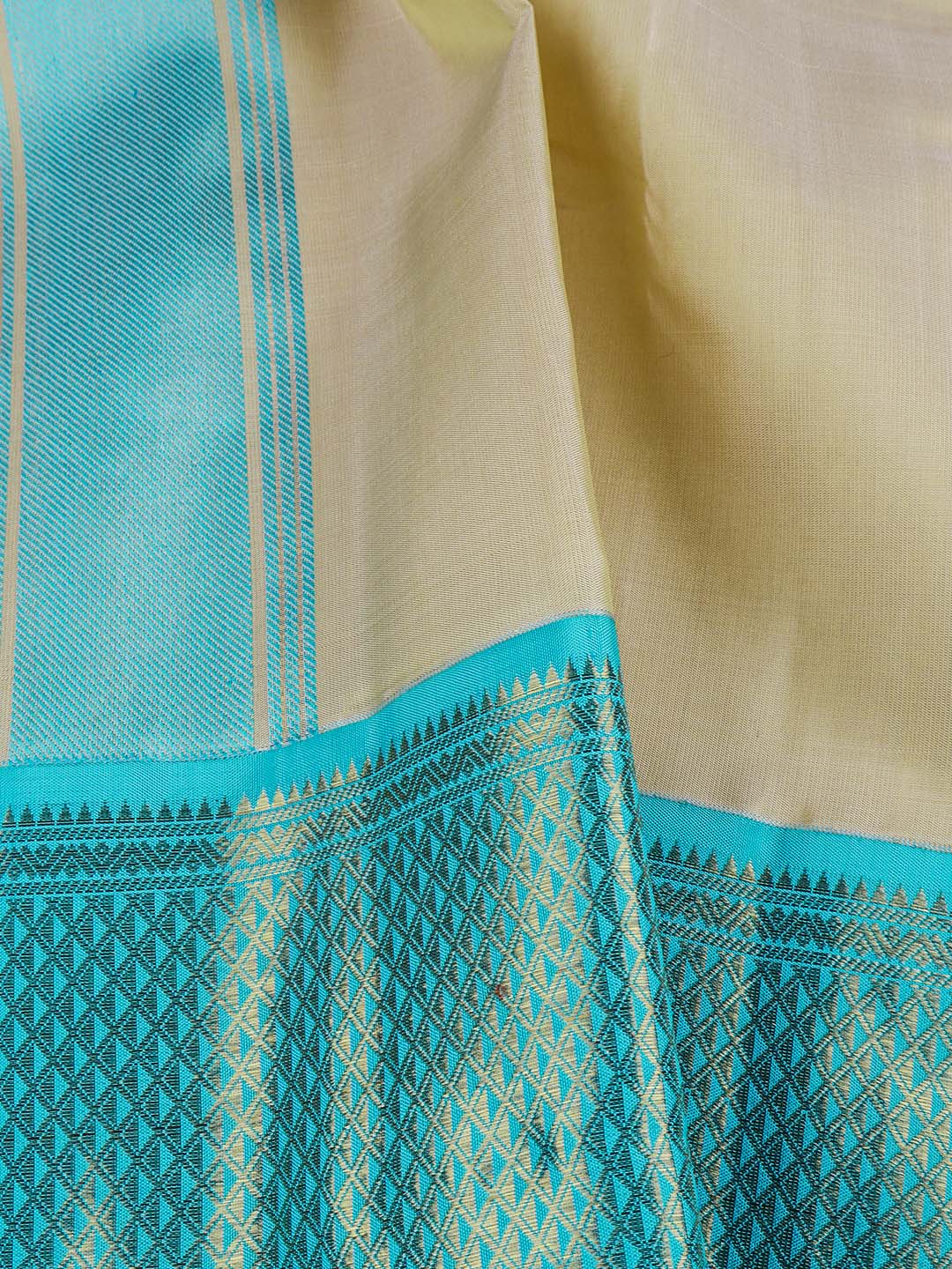 Premium Pure Silk Cream Dhoti With Angavastram 4 1/2" Sky Blue Korvai Jari Border Agarshanaa-Zoom view