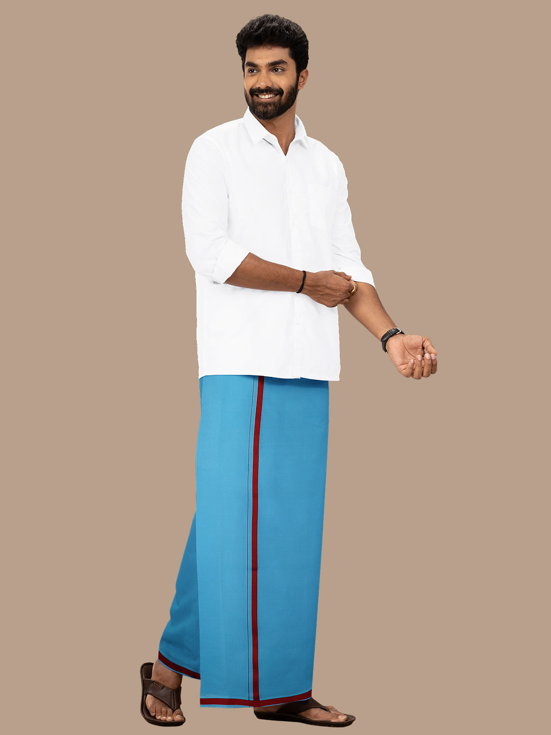 Men 100% Cotton Single Layer Turquise Blue Dhoti with Fancy Border