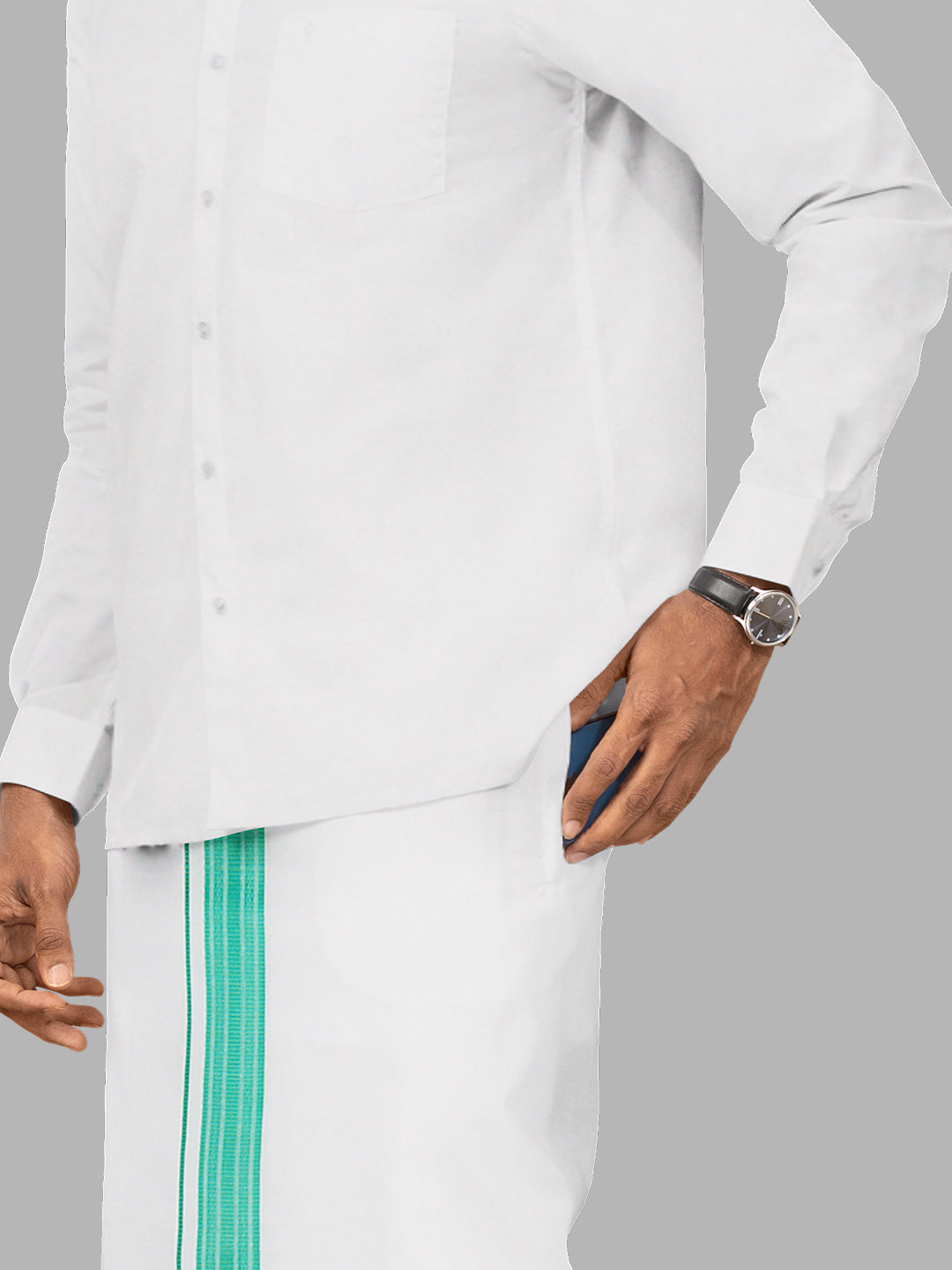 Men Cotton Blend Readymade Single Layer White Dhoti with Fancy Border GACF11