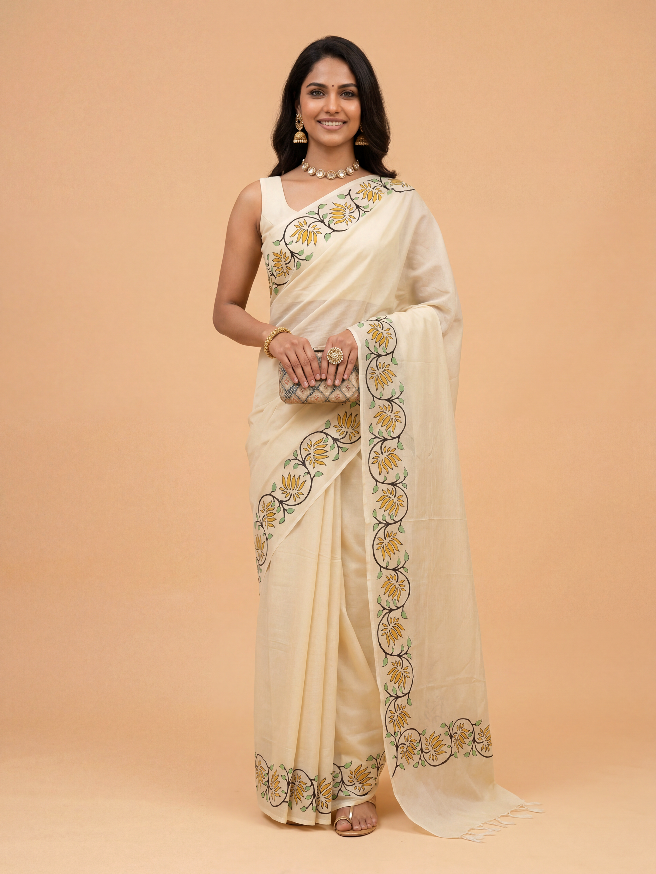 Women Pure Cotton Printed Off White Saree PCS265