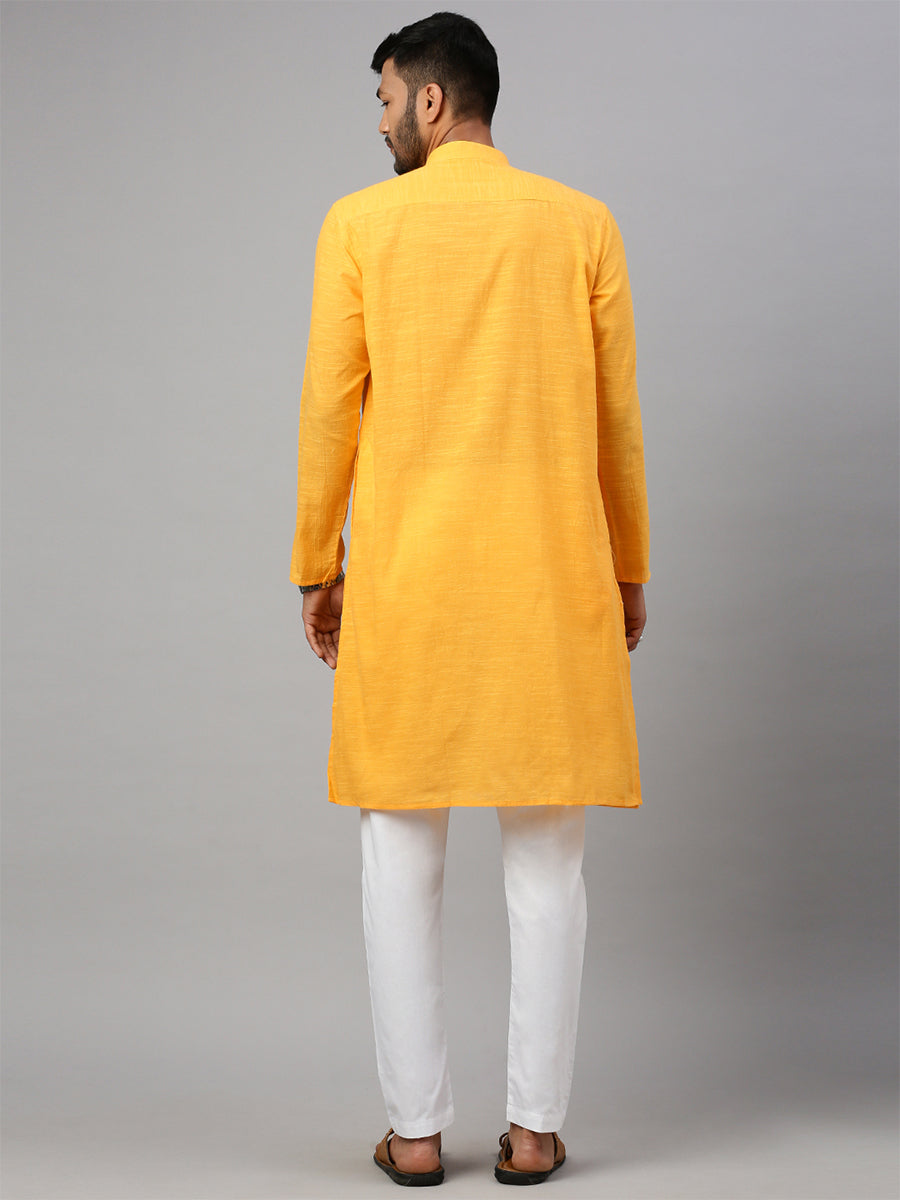 Mens Cotton Full Length Plain Pocket Kurta Yellow M17