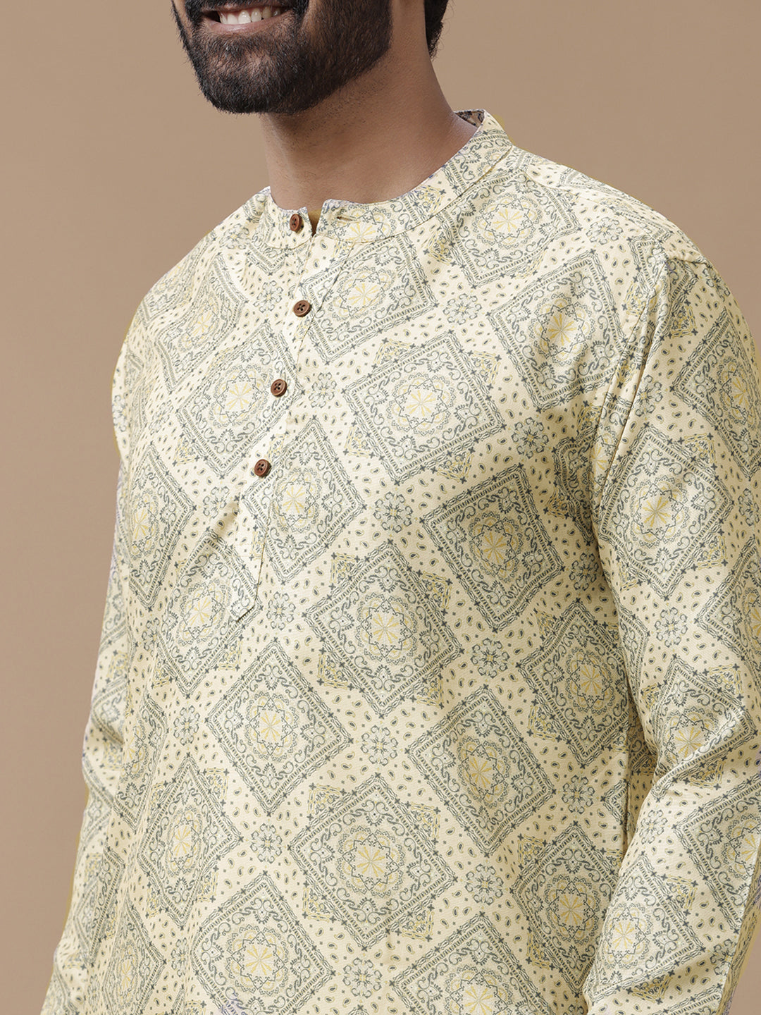 Men Cotton Medium Length Printed Pocket Kurta Yellow RE4