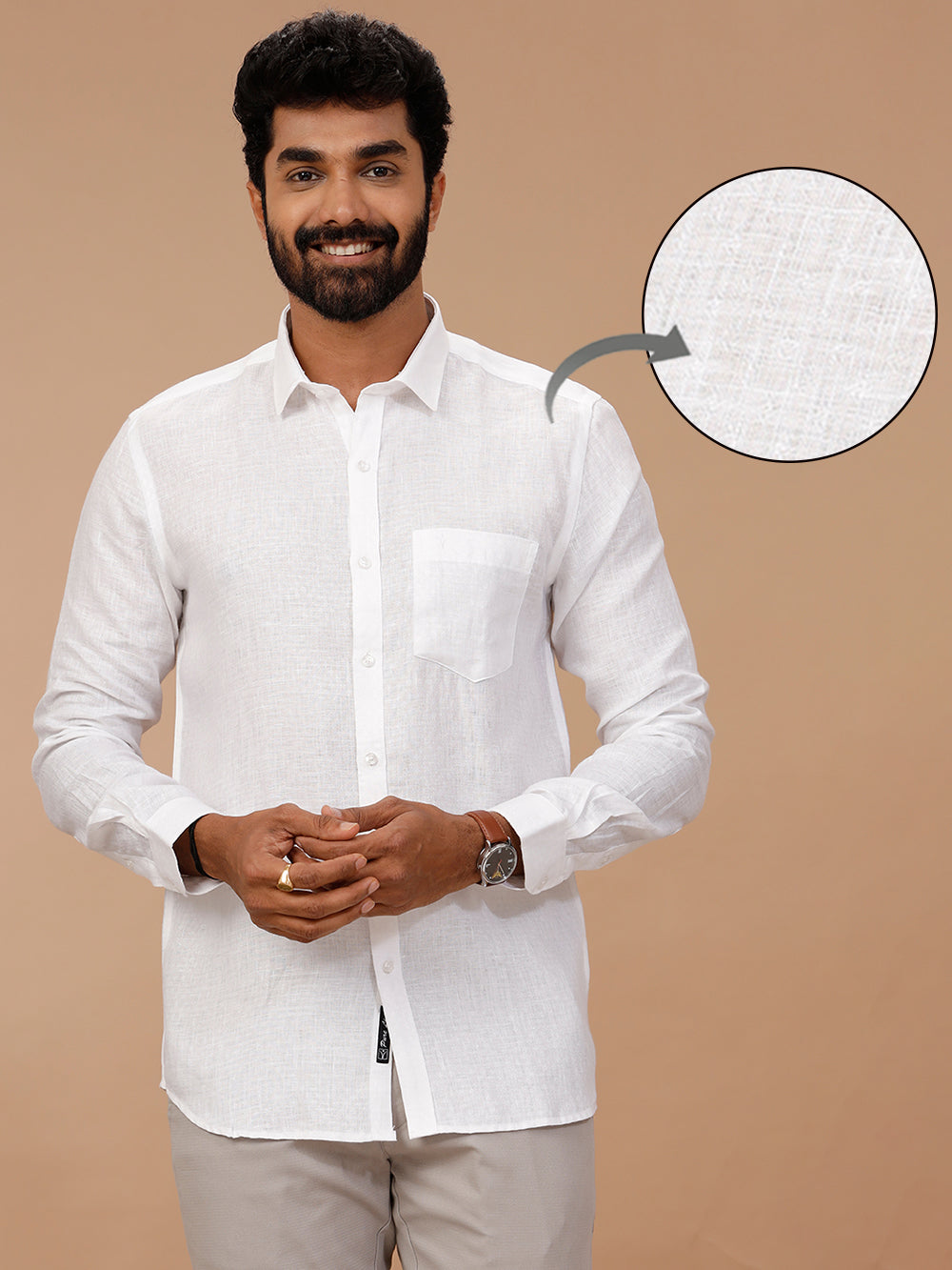 Men Pure Linen White Shirt with Self Design 1546JF