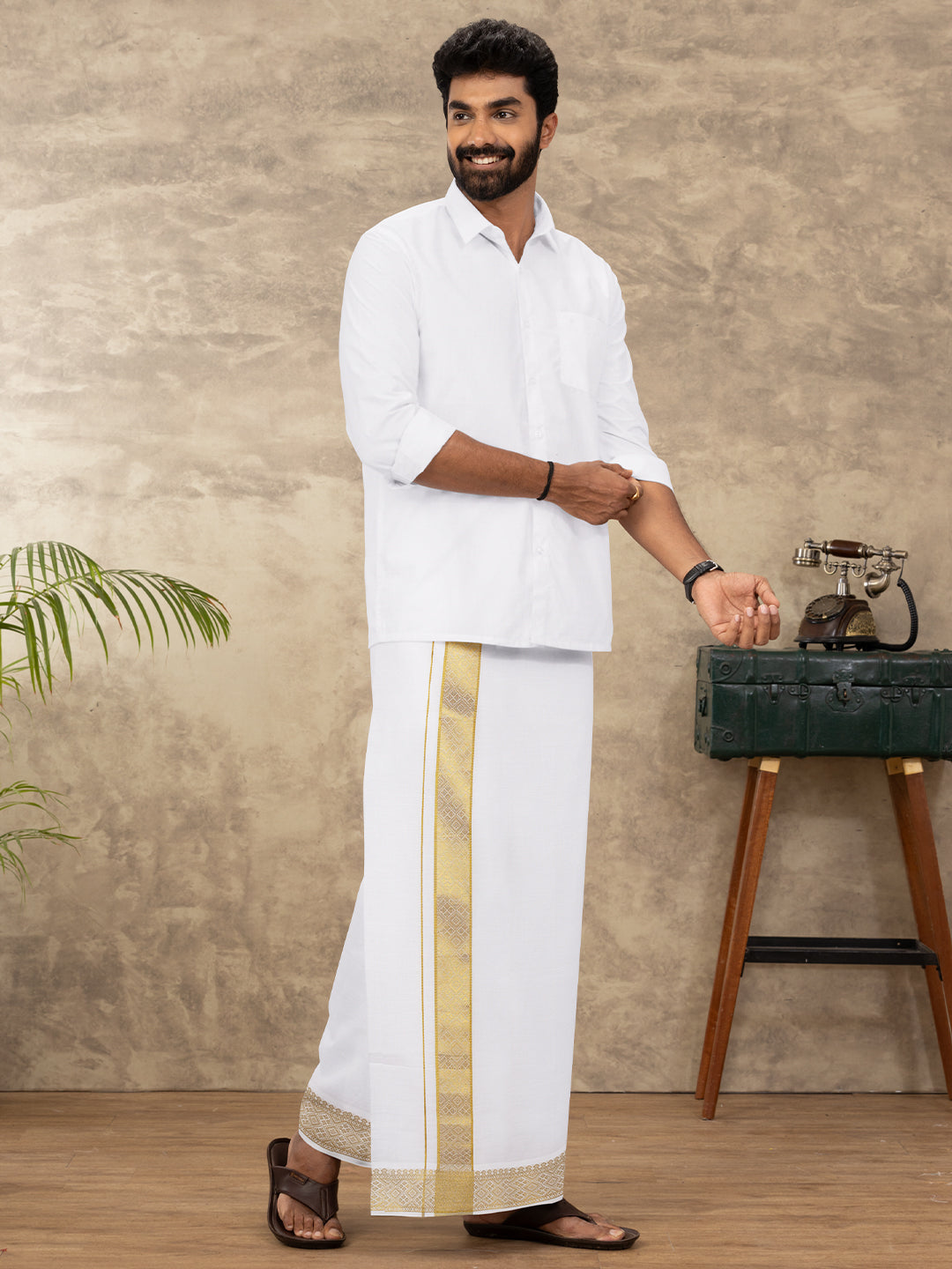 Men Cotton Blend Readymade Single Layer White Dhoti with Gold Jari Border GAA08