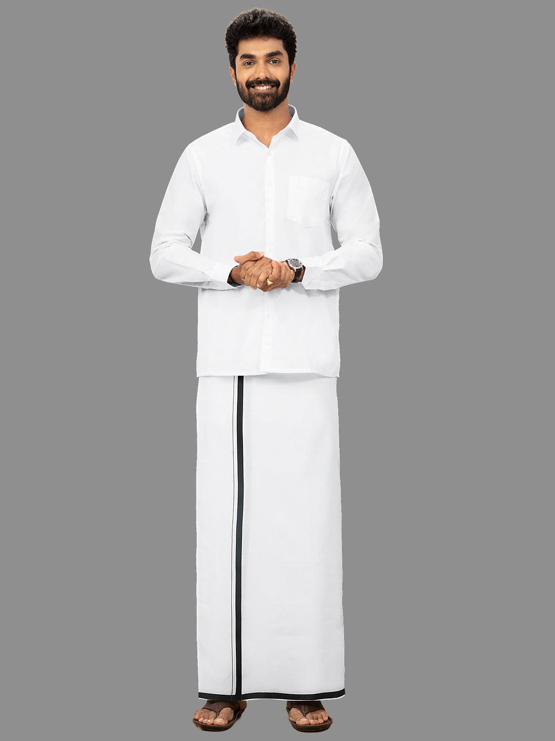 Men Cotton Blend Single Layer White Dhoti with Black Border Amul