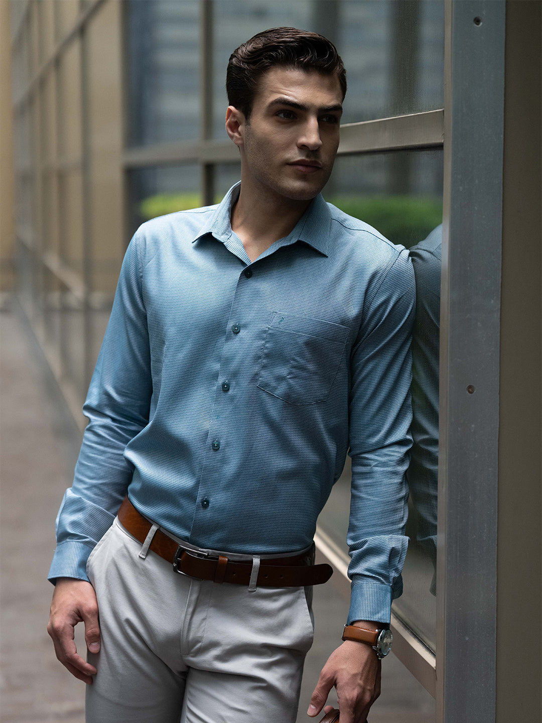 Cotton Dobby Teal Green Regular Fit Shirt SRBD2