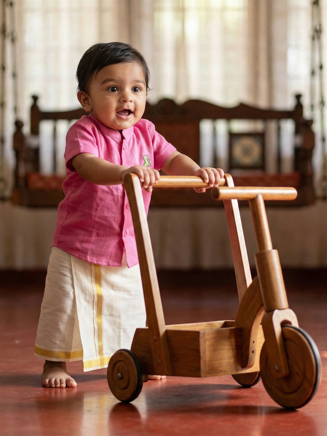 Born Baby Traditional Shirt with Dhoti and Panchakacham Set Pink