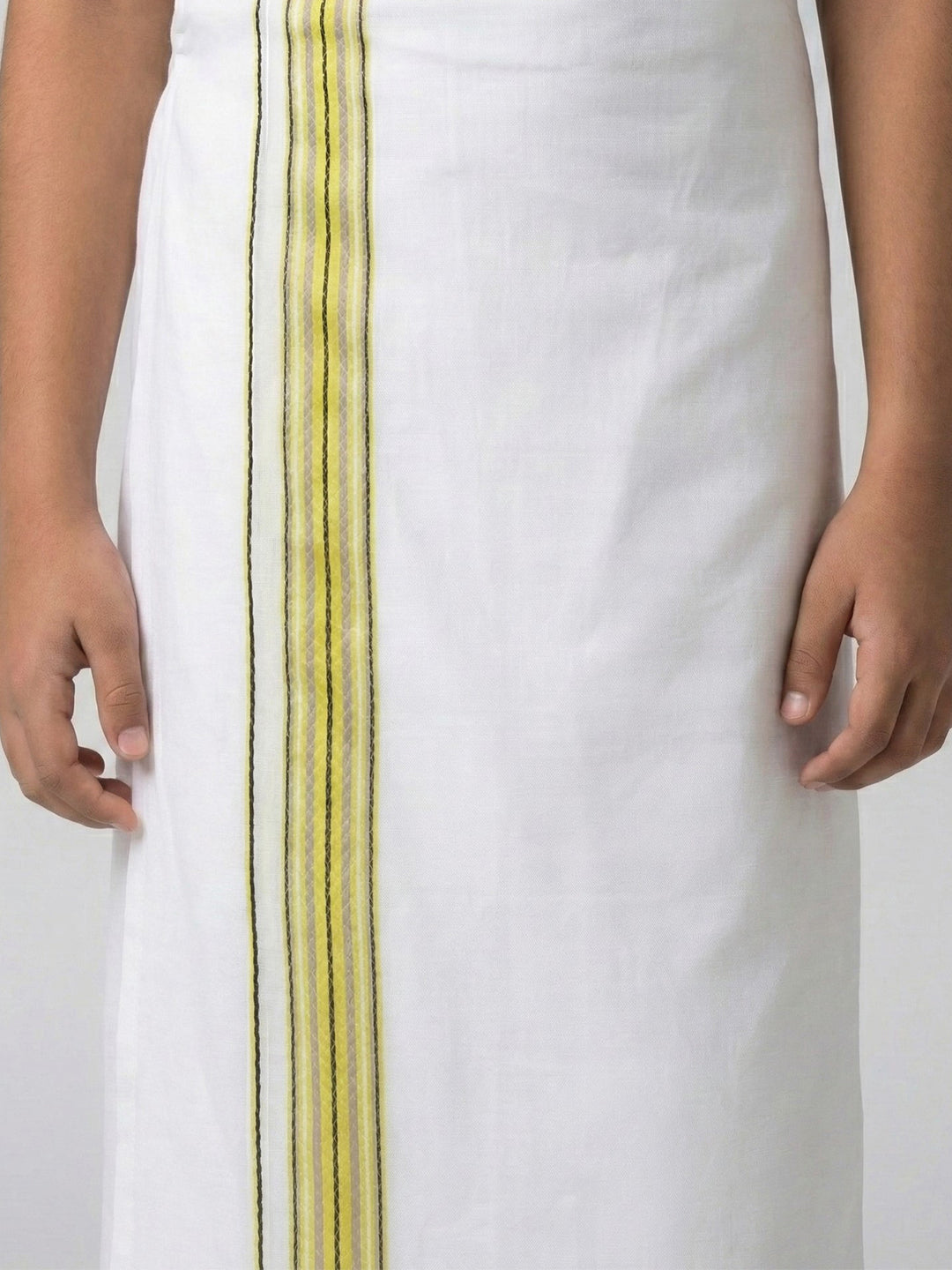 Boys Lemon Yellow Matching Border Dhoti With Printed Shirt Set Fusion PS29