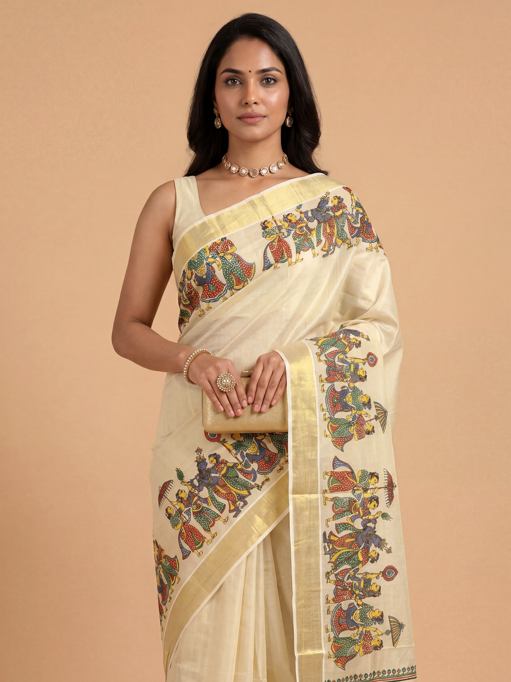 Women Tissue Cream Krishna Printed Kerala Saree KLS27