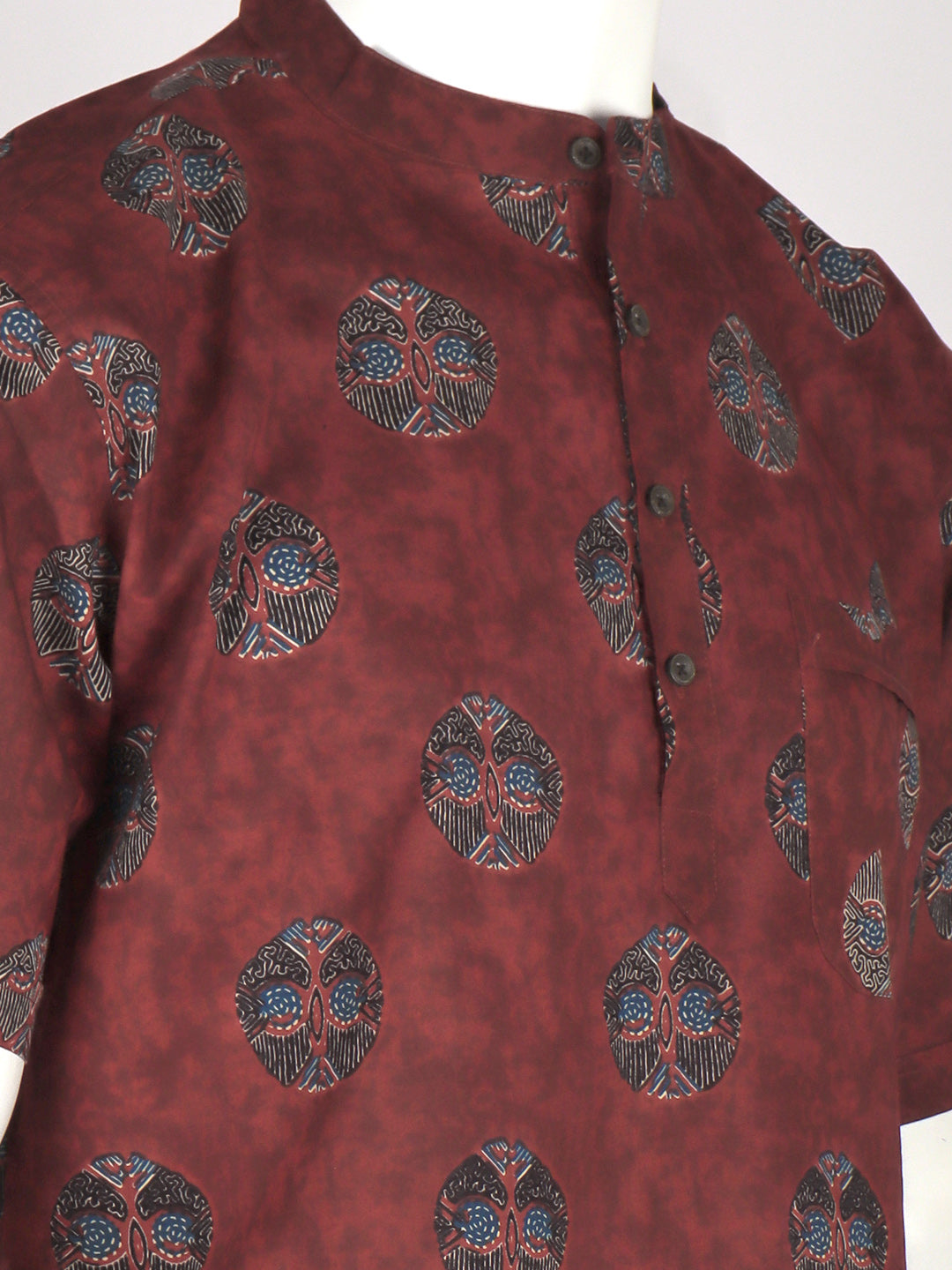 Men Cotton Short Length Printed Pocket Kurta Reddish Brown OE11