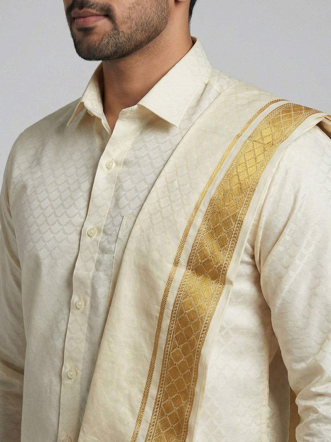 Men Art Silk Self Design Shirt with Readymade Dhoti & Towel Set Cream CRJD2