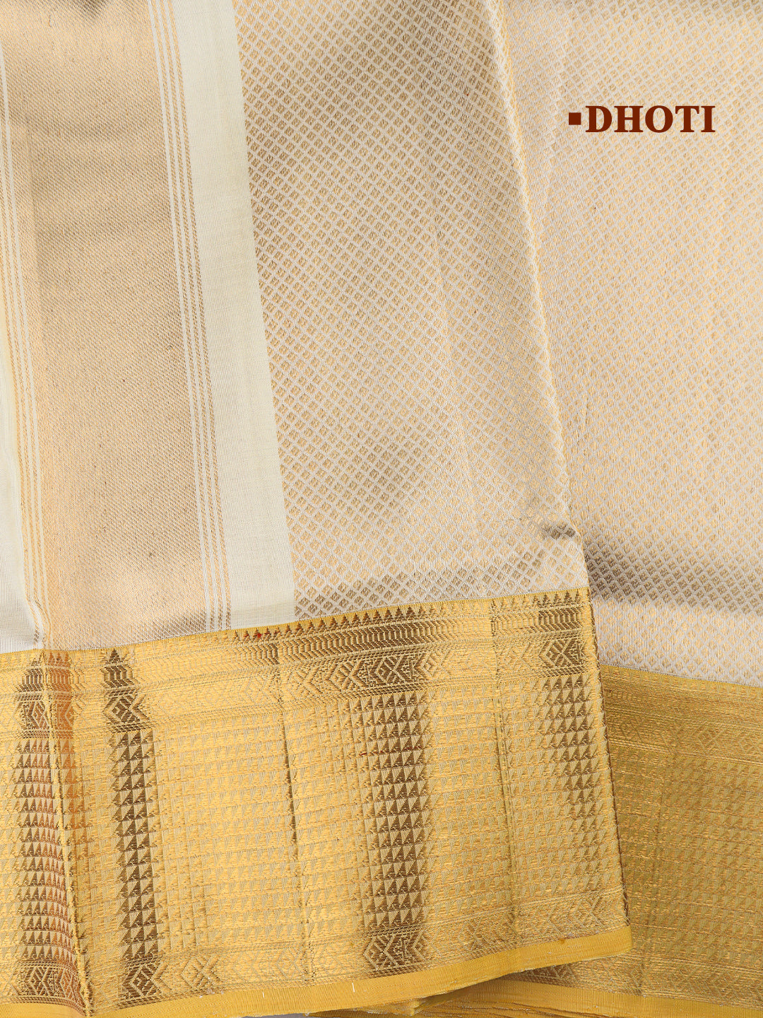 Men Luxury Premium Pure Silk Cream Dhoti Towel Set with 6" inch Gold Jari Border Amirtham AM19