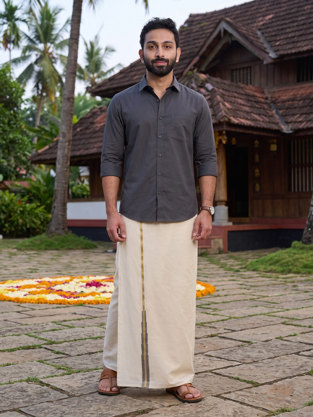 Double Layer 100% Cotton Cream Kora Dhoti with Colour Jari Border - LC52