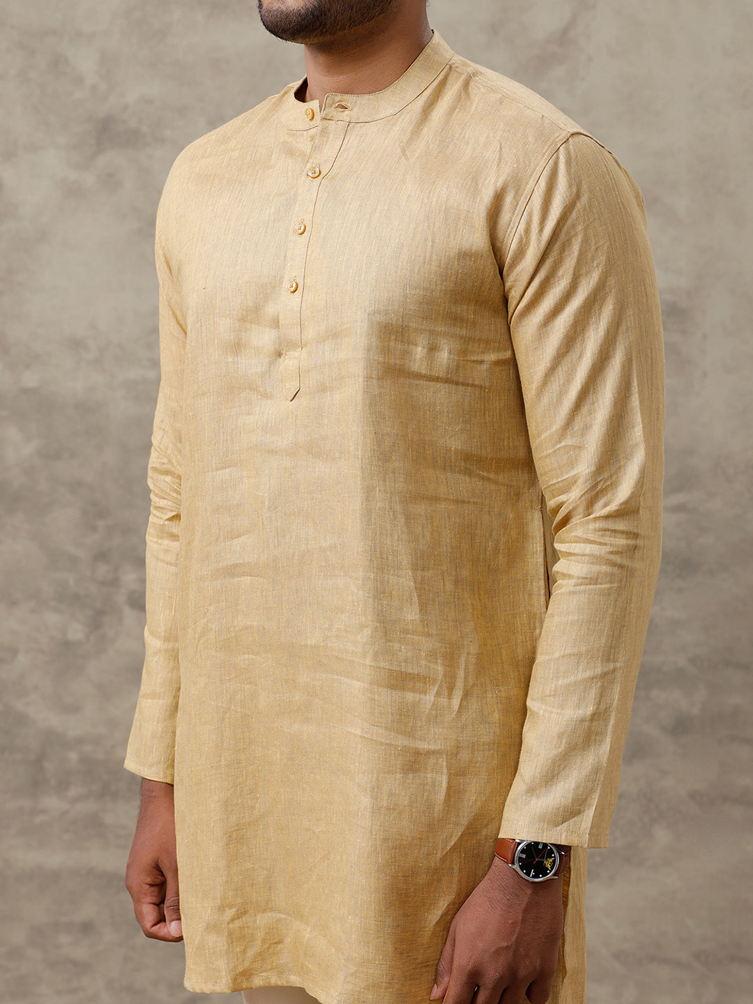 Men Linen Medium Length Kurta Mustard Yellow KAL20