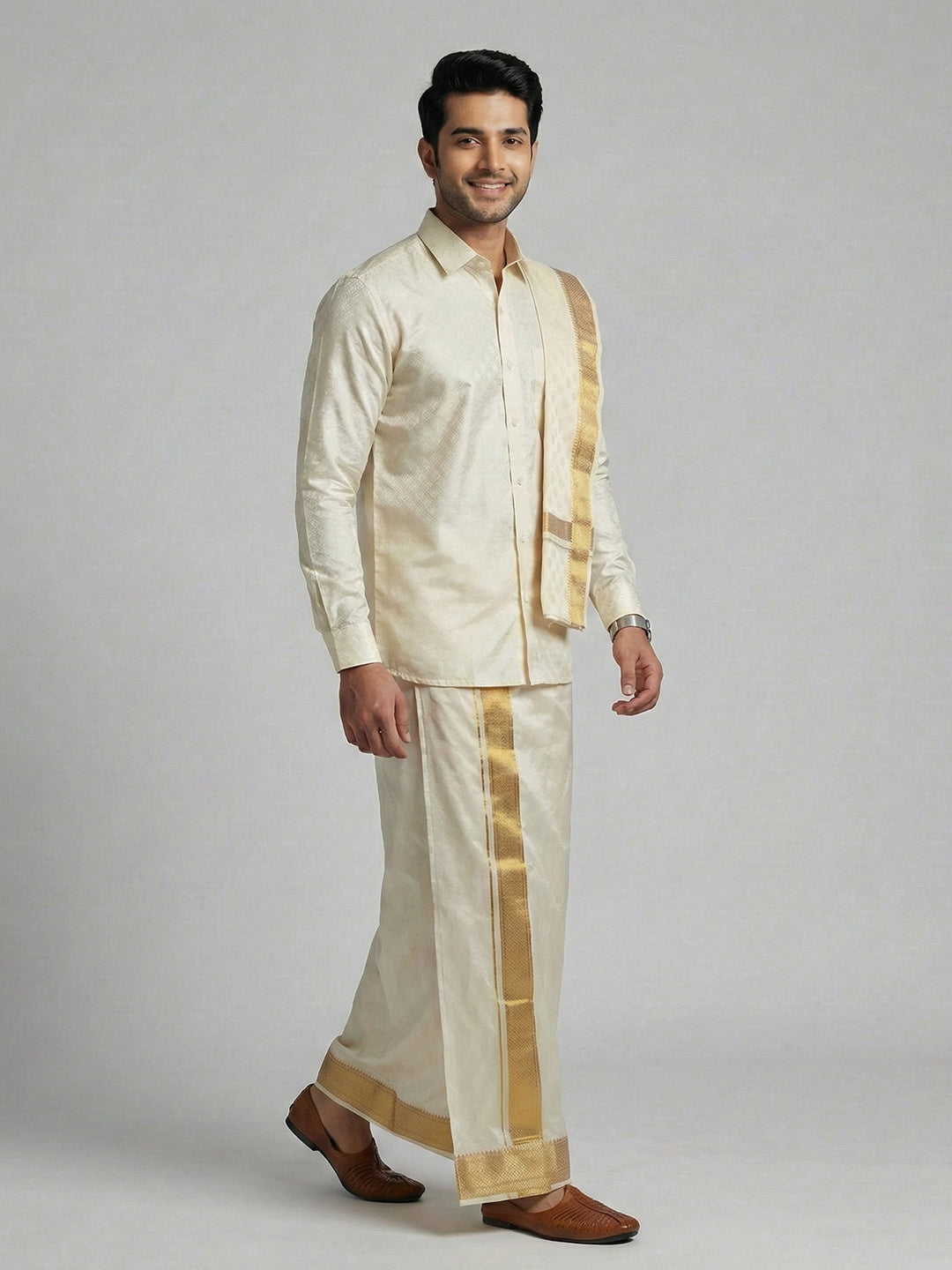 Men Art Silk Self Design Shirt with Readymade Dhoti & Towel Set Cream CRJD4