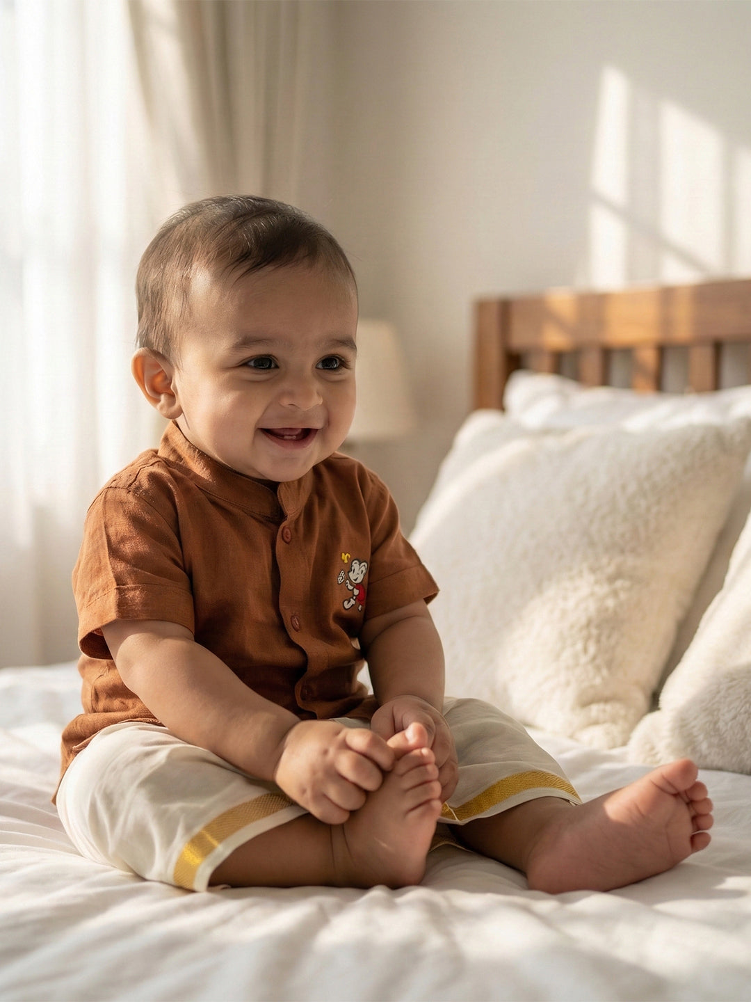 Born Baby Shirt Dhoti and Panchakacham Set Brown
