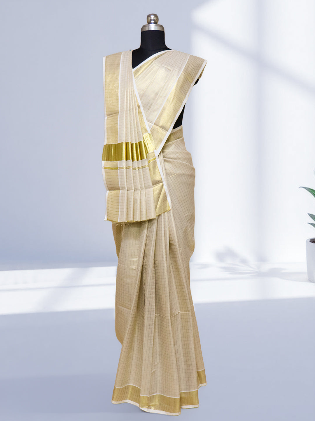 Women Kerala Tissue Gold Checks Saree KS207