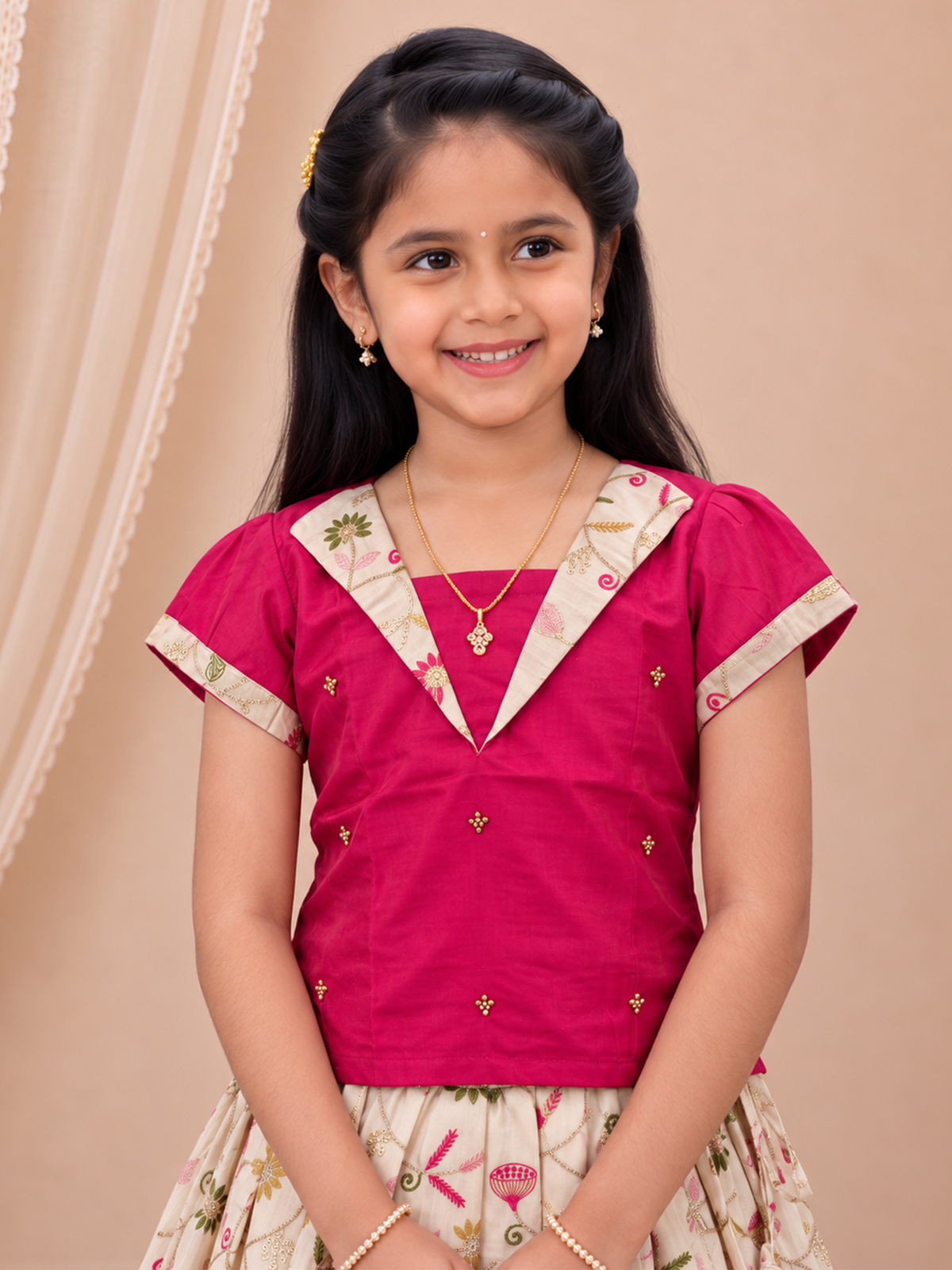 Girls Tissue Dark Pink With Cream Pattu Pavadai Set GPS68