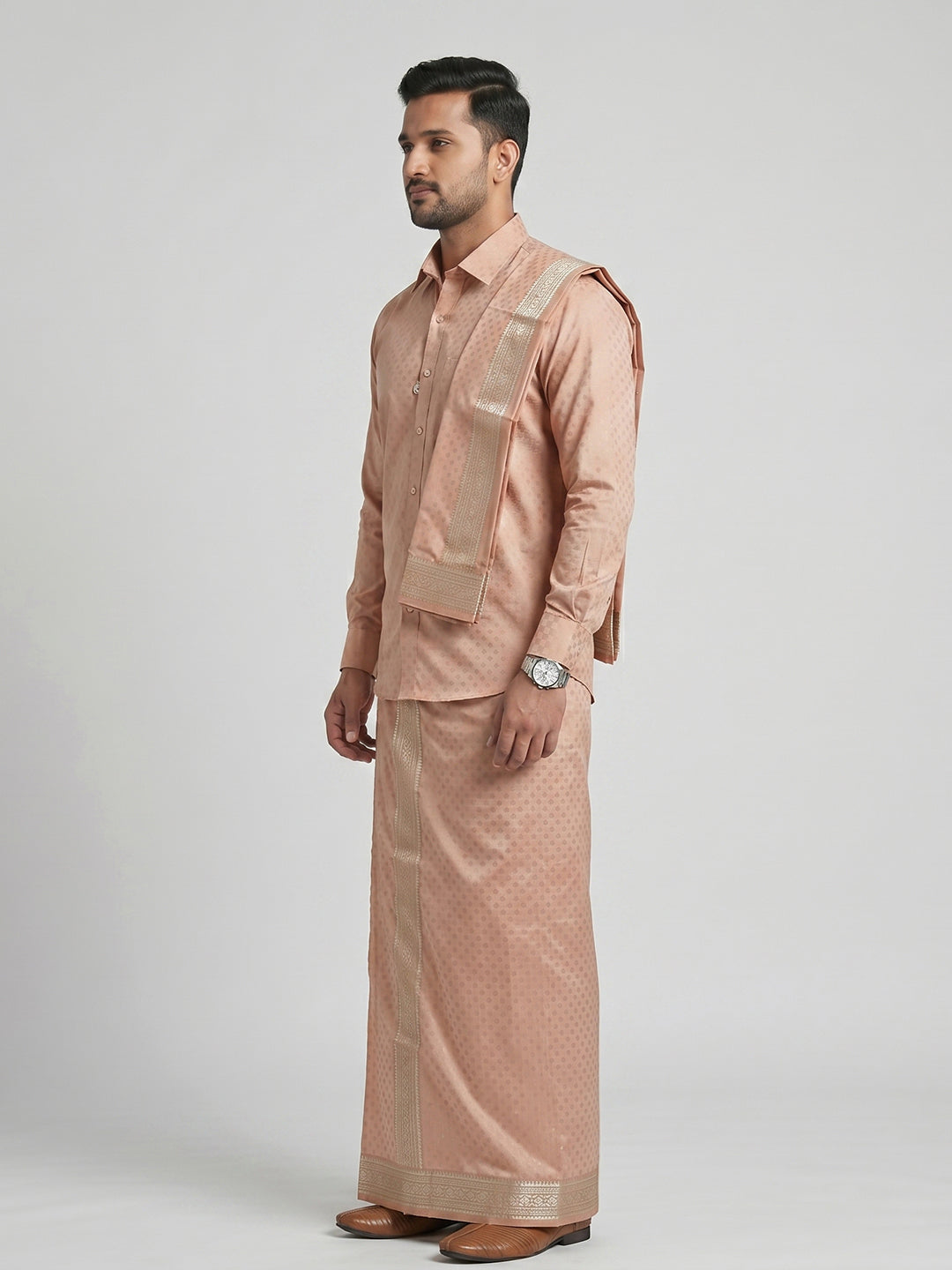 Men Art Silk Jacquard Design Shirt Dhoti & Towel Set Copper Tone Swayamvara Grand CTJD1
