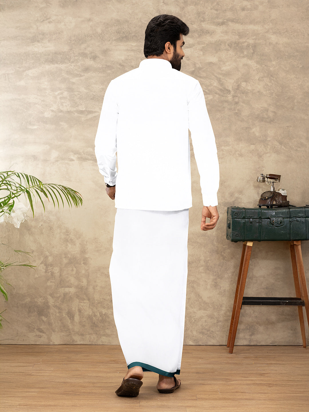 Men Cotton Blend Double Layer White Dhoti with Fancy Border TF09