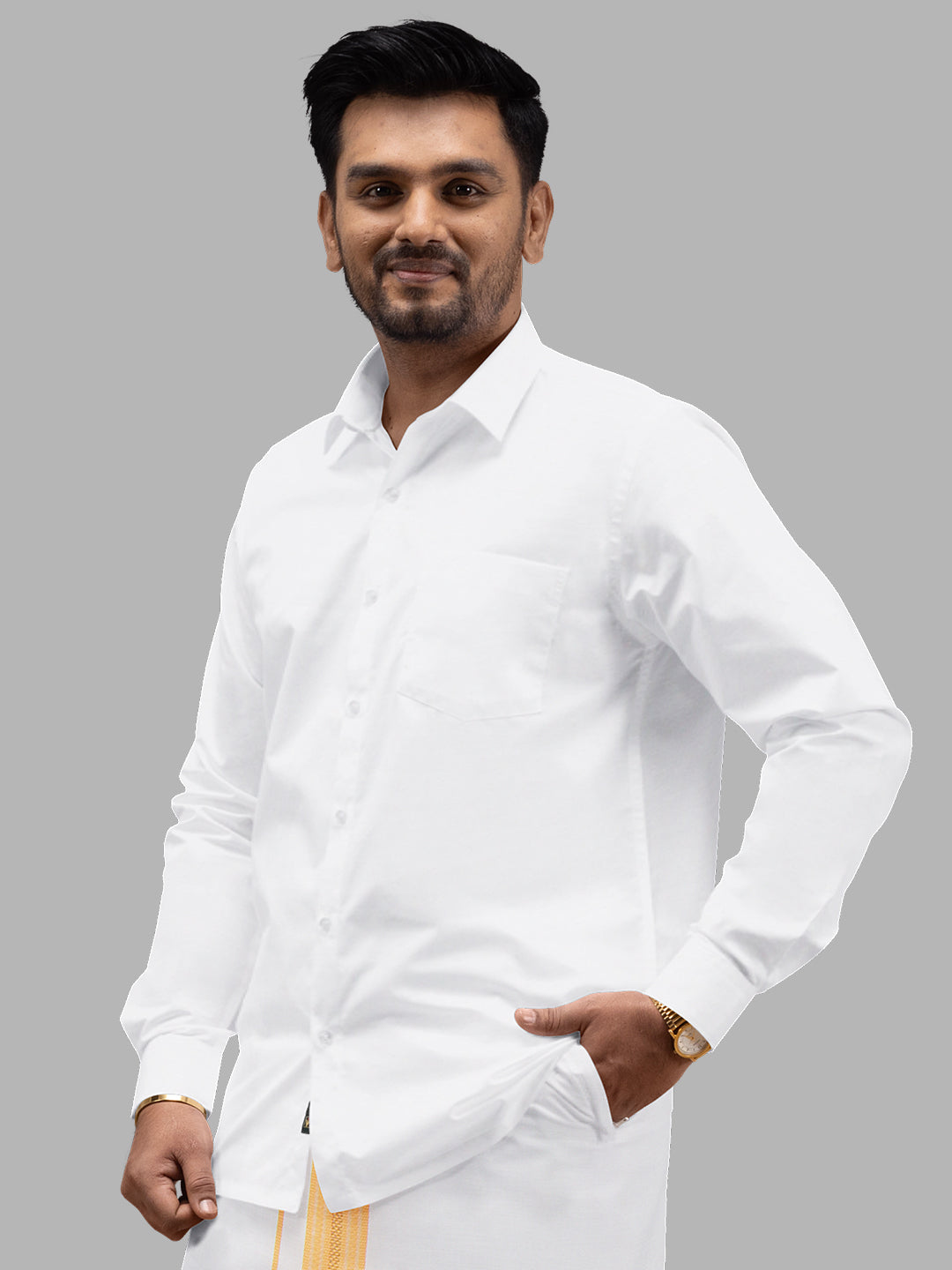 Men Cotton Blend Readymade Single Layer White Dhoti with Fancy Jari Border GACJ27