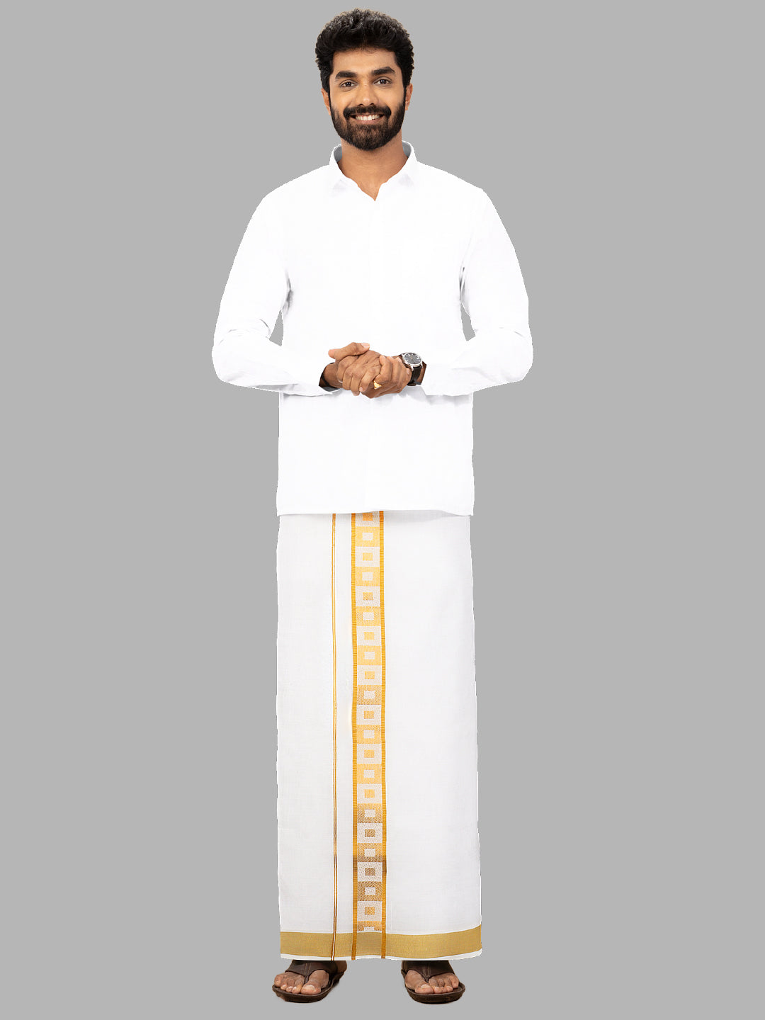 Men Cotton Blend Single Layer White Dhoti with Gold Fancy Border