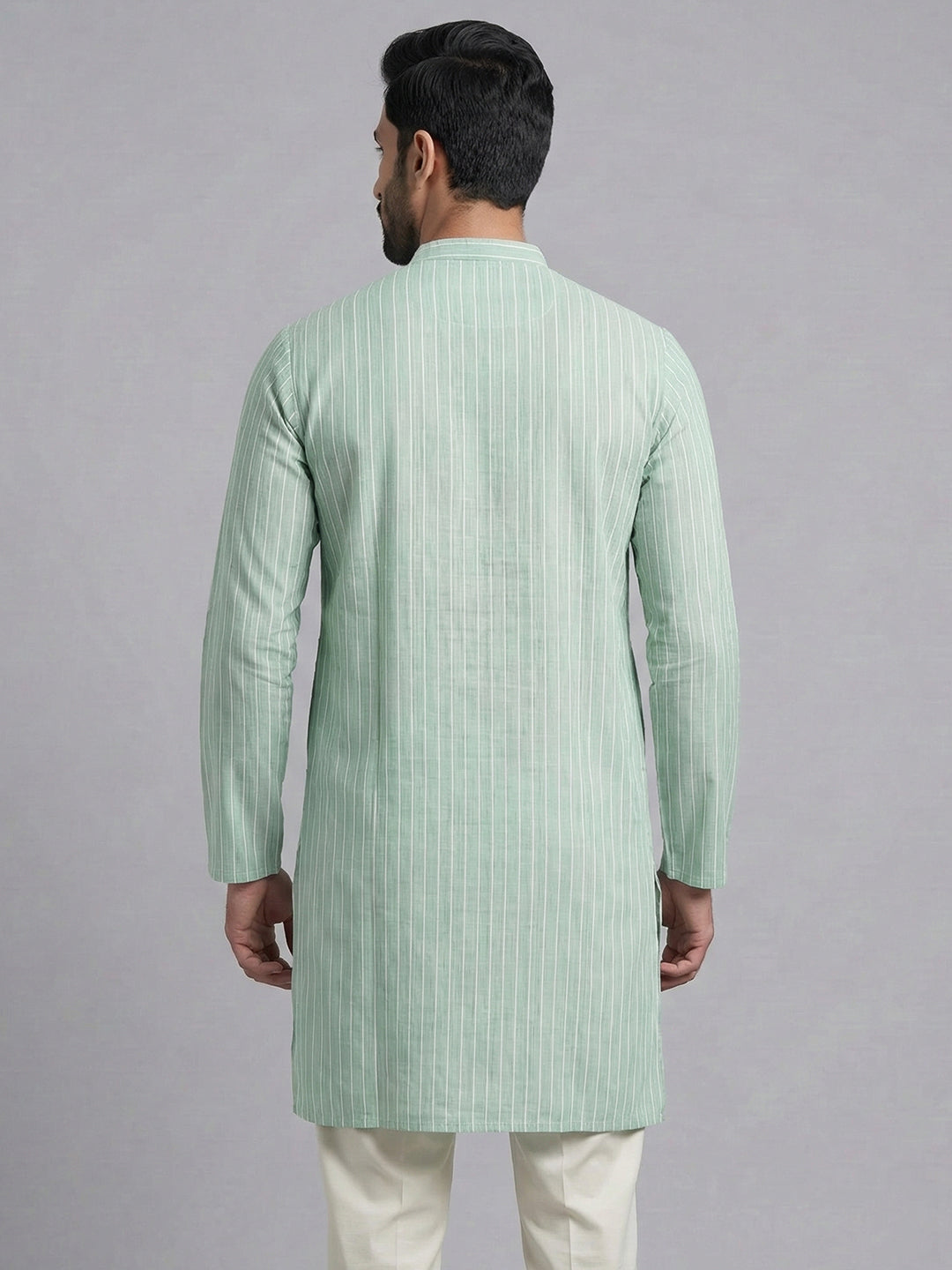 Men Cotton Medium Length Striped Pocket Kurta Pale Green RN51