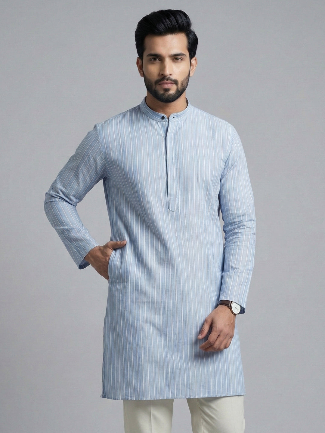 Men Cotton Medium Length Striped Pocket Kurta Light Blue RN53