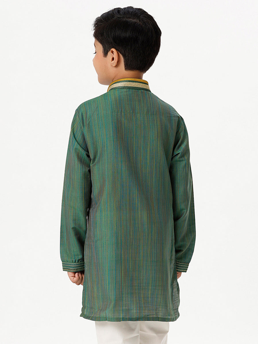 Boys Cotton Embellished Neckline Full Sleeves Dark Green Kurta-Back view