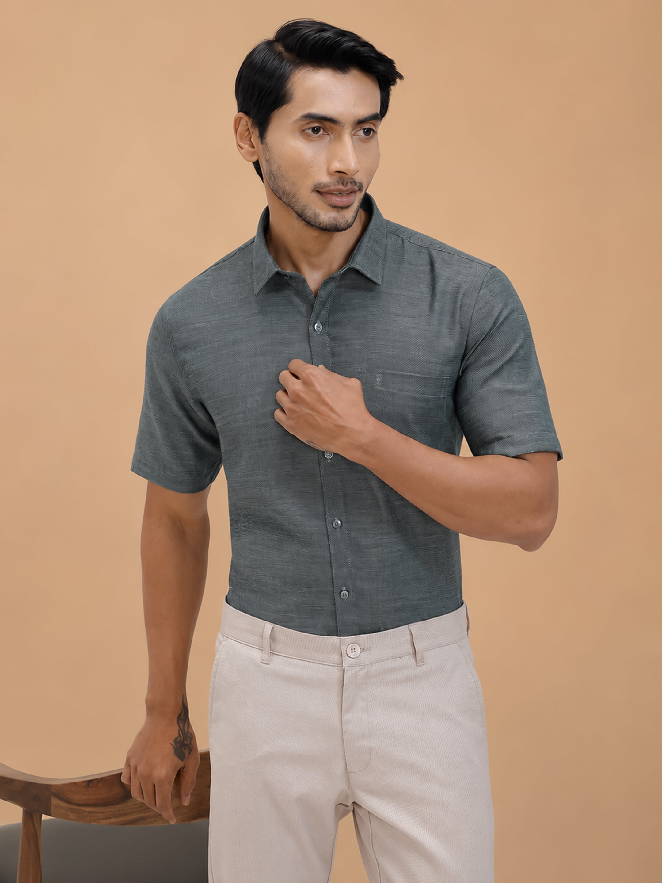 Cotton Rich Green Dobby Regular Fit Shirt T59 AIT3