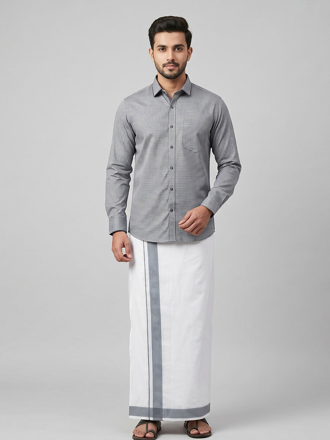 Men Greyish Blue Matching Border Dhoti With Printed Shirt Set Windsor HNJ1