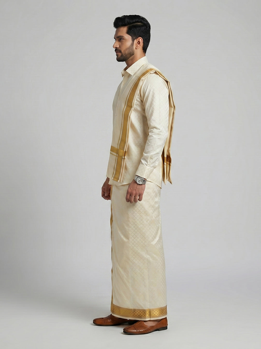 Men Art Silk Cream Self Design Shirt & Dhoti Towel Set Parinayam Grand CRJD3